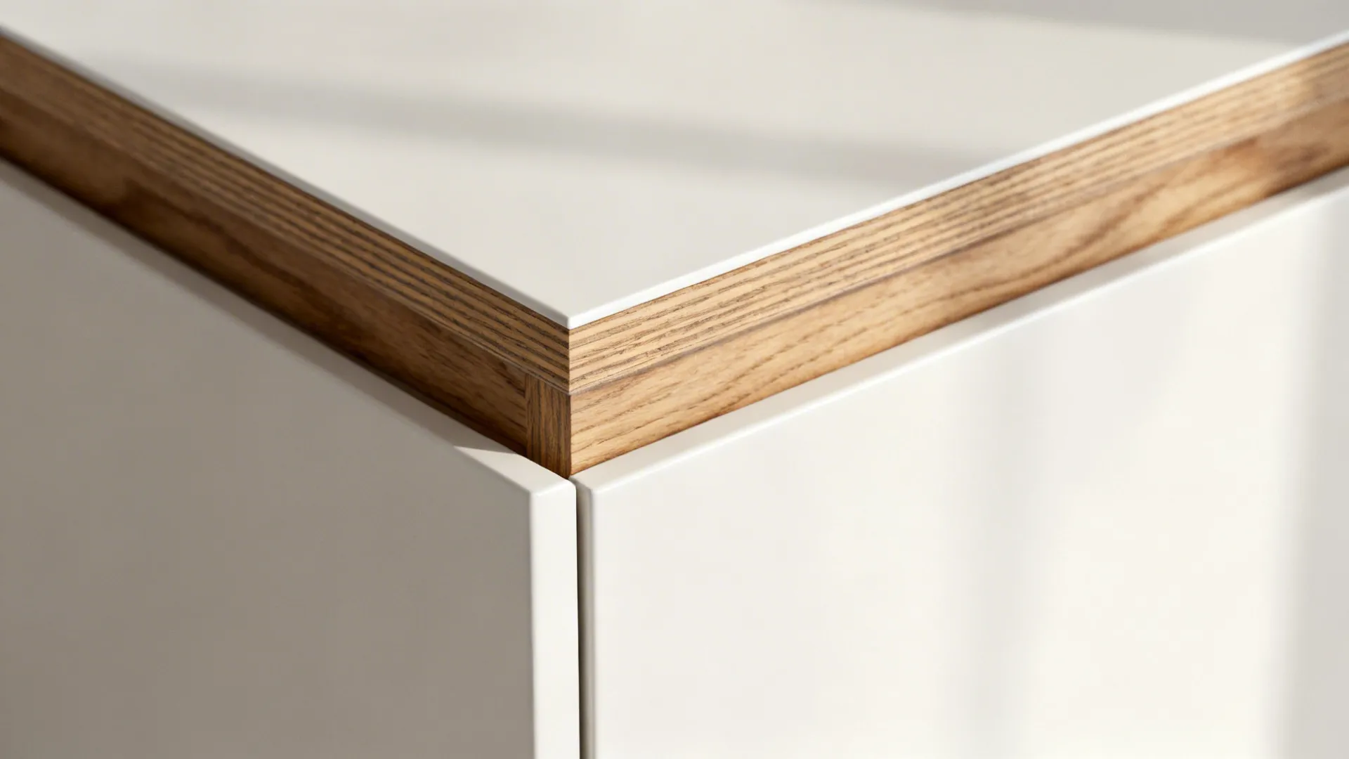 Close-up of rift-cut oak edge-banding against a matte white cabinet surface.