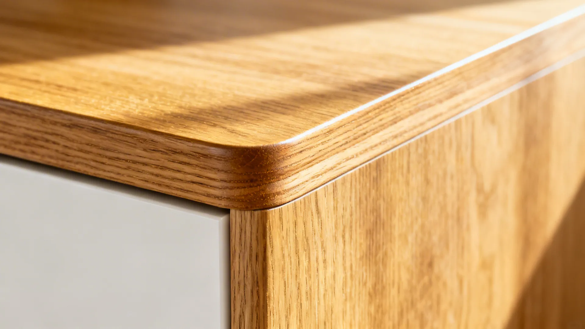 Macro of oak edge banding detail with a satin finish next to a matte white panel.