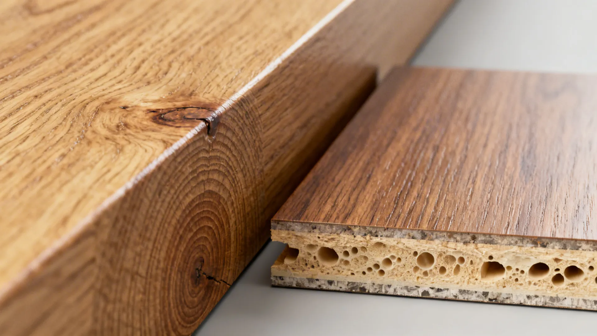 Macro view comparing oak solid plank and engineered plank cross-section showing wear layer.