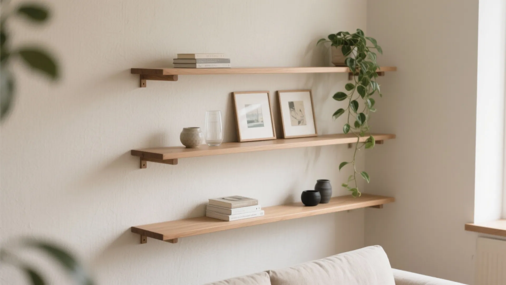Three light wood wall shelves with books, picture frames, small vases, and a green plant