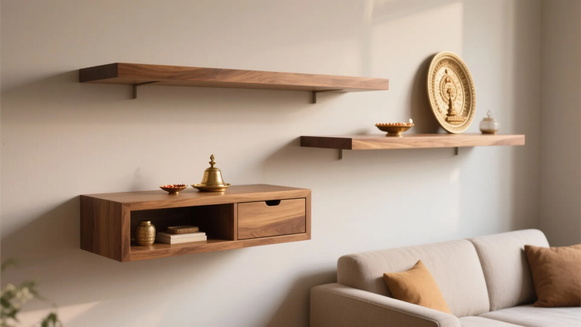 Modern floating wood shelves on a white wall above a sofa with traditional gold decor