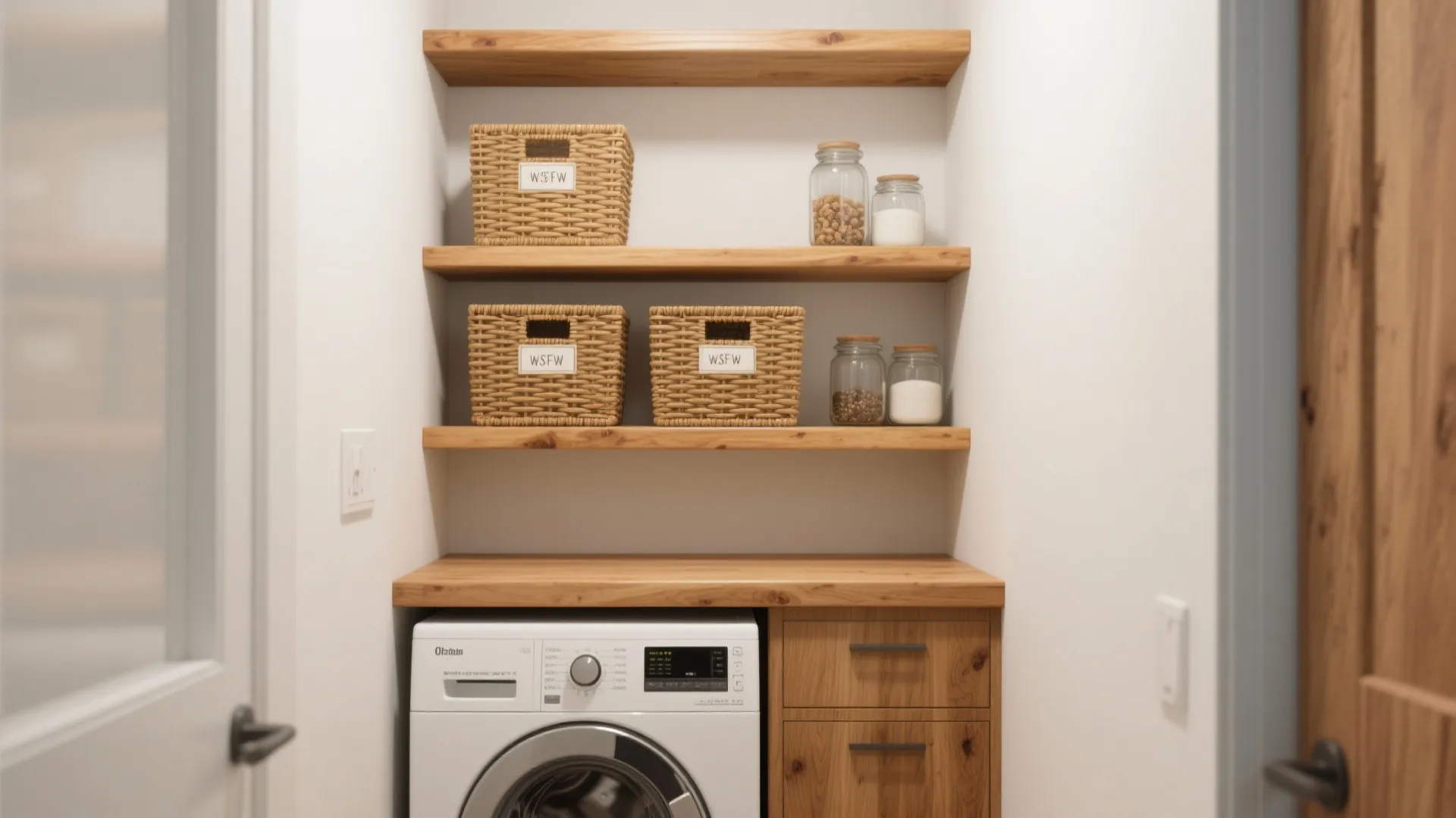 Laundry room with washing machine below oak wood shelves holding woven baskets and glass jars