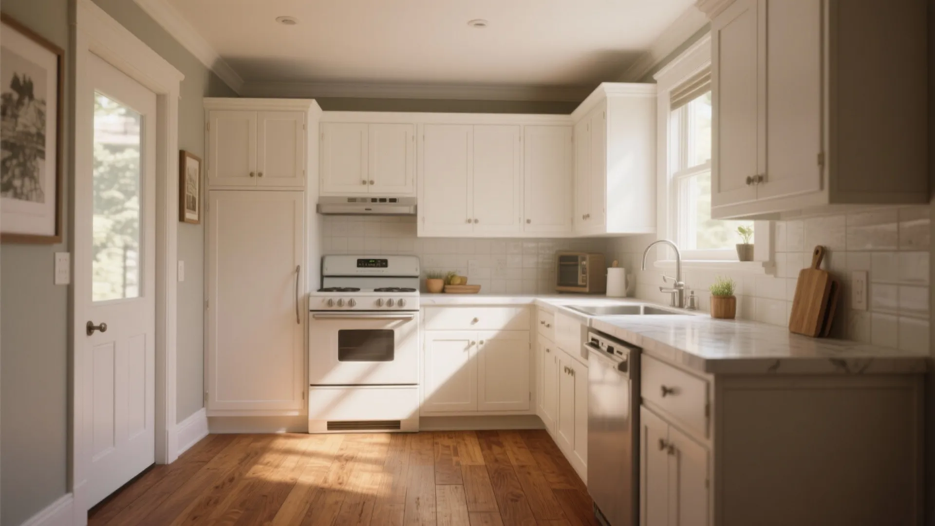 Traditional white kitchen with oak floors white cabinets gas stove sink and window with sunlight
