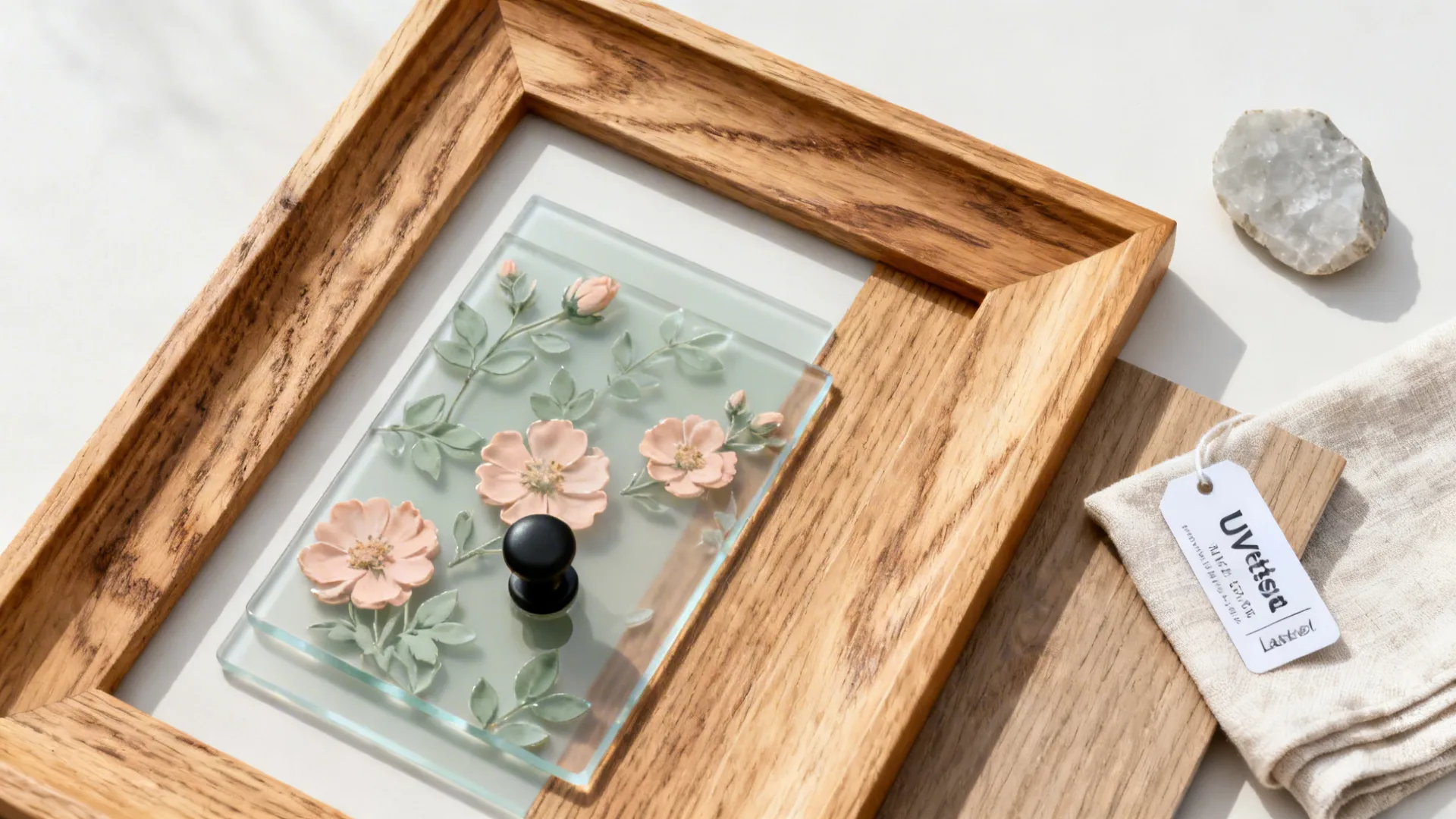 Warm wood frames with floral acrylic center panels