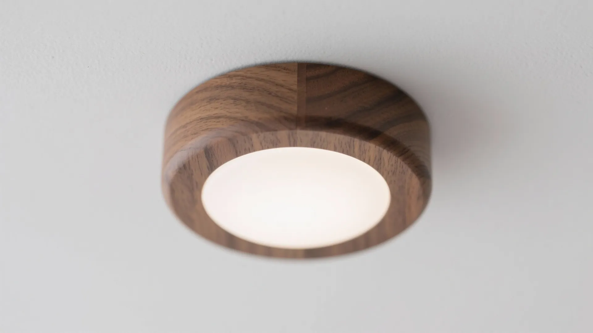 Macro detail of oak grain and white diffuser on a minimalist flush mount.