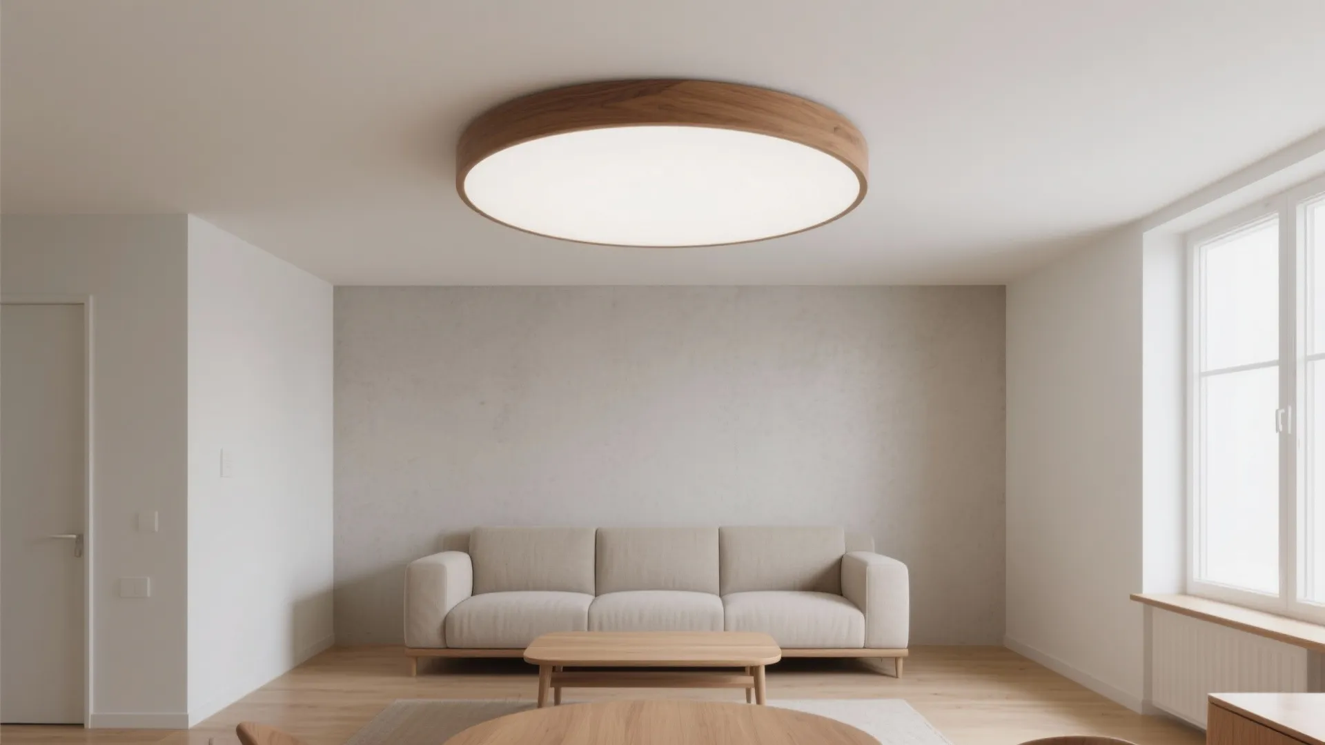 Minimalist oak flush mount with white diffuser brightens a small living-dining room.
