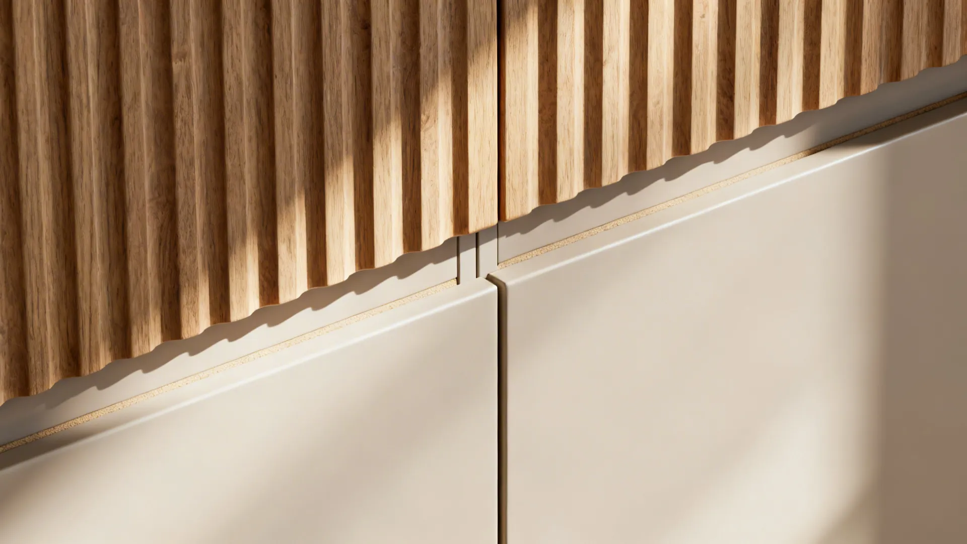 Macro of fluted oak cabinet texture with soft daylight highlighting the grooves.