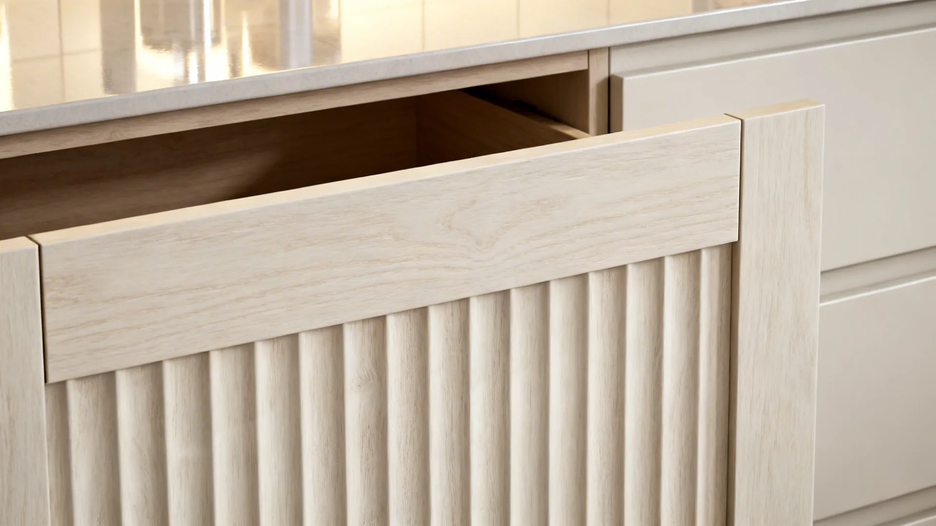 Macro of light oak fluted drawer front next to matte cabinet under warm lighting