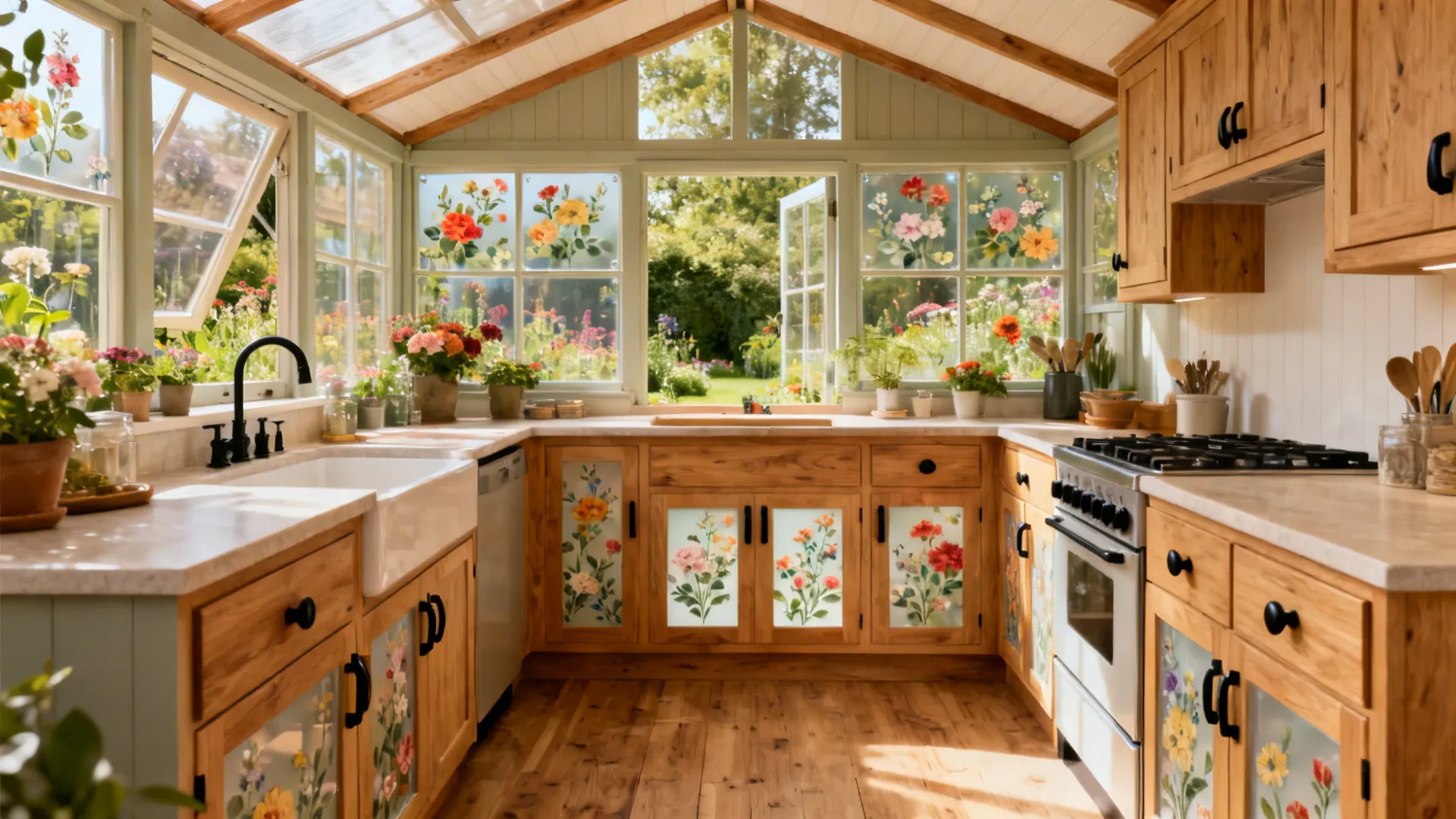 Warm wood frames with floral acrylic center panels