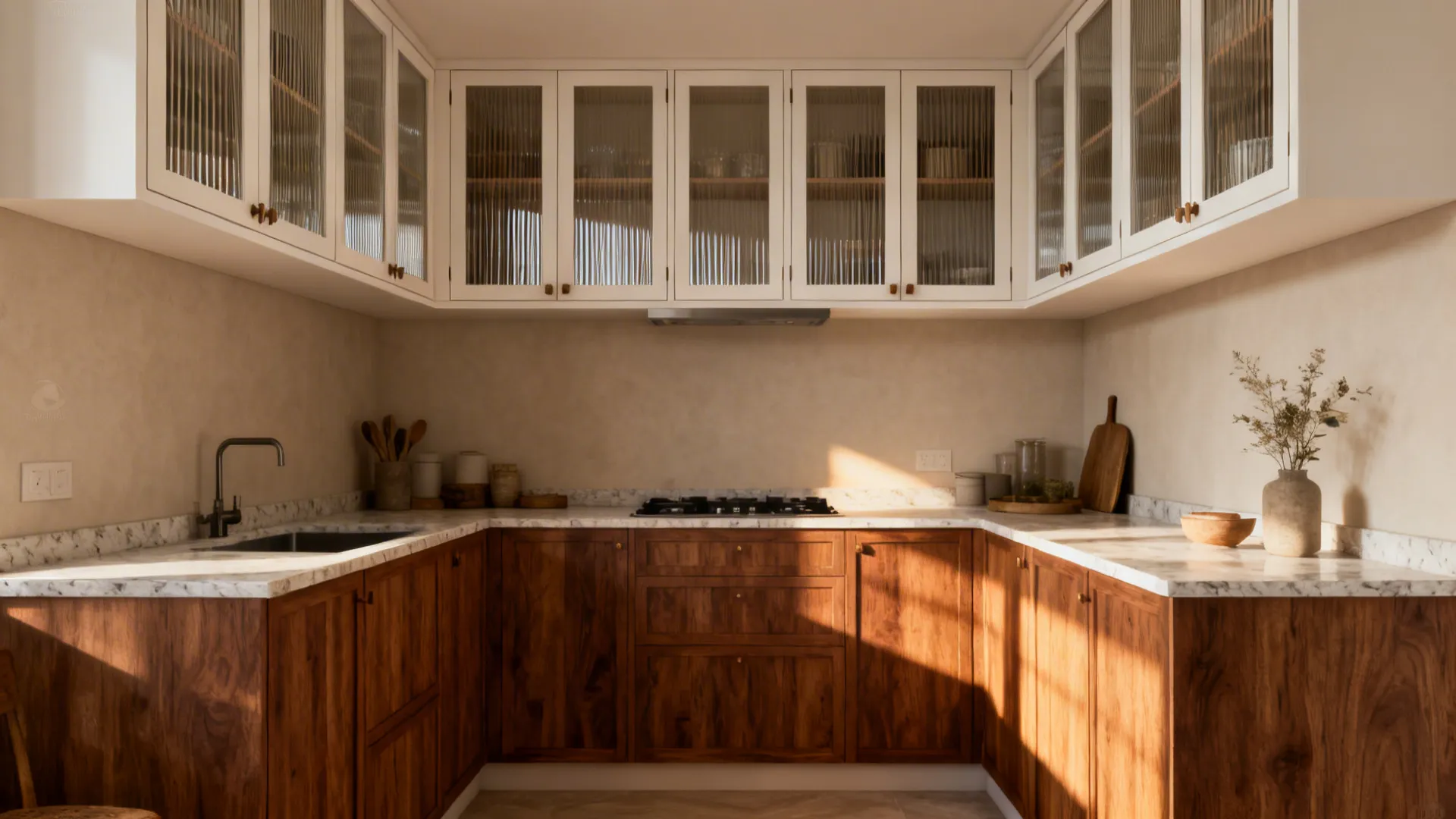 U-shaped kitchen with rift white oak frames and reeded glass cabinet inserts.