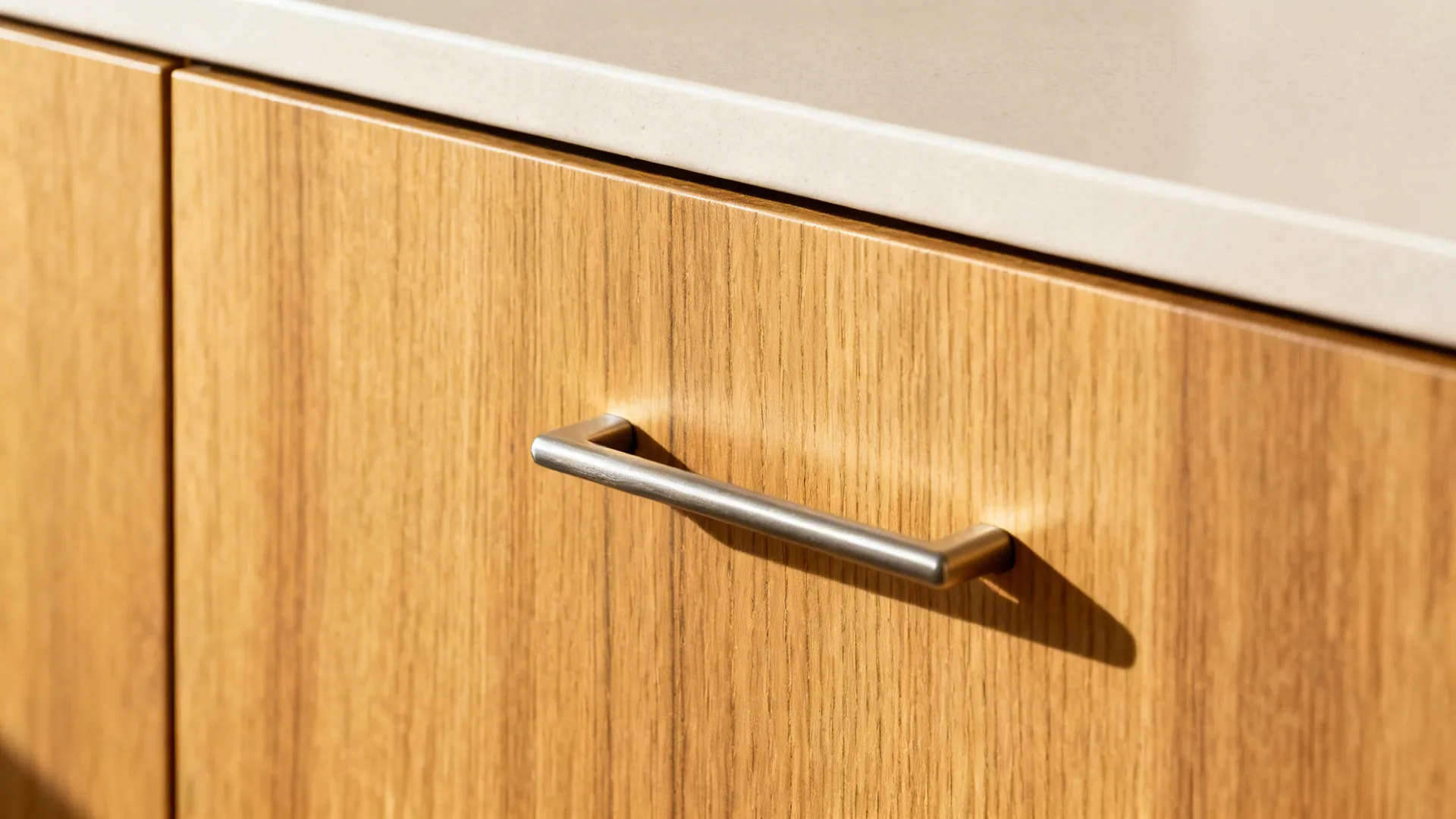 Macro of a matte rift-sawn oak cabinet front with satin hardware and pale counter edge.