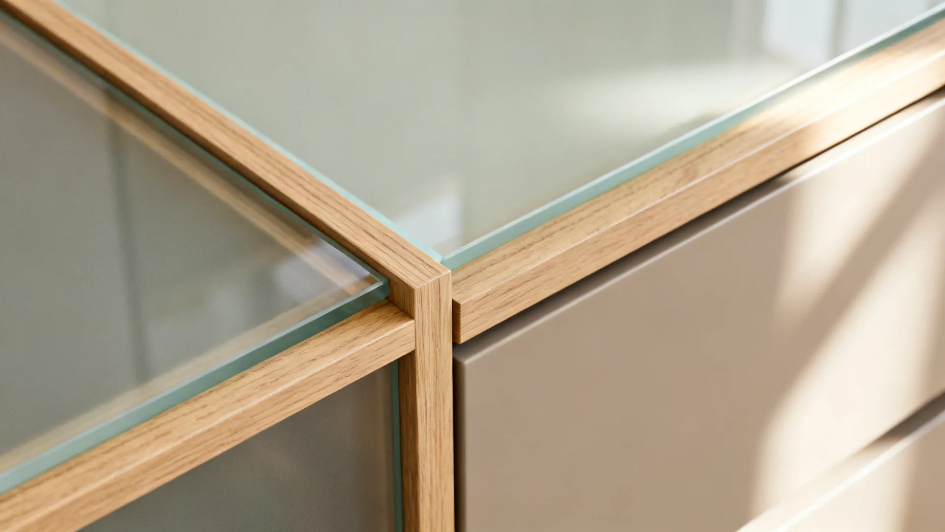 Macro of smoke-tinted glass set in a slim light oak frame with sealed finish.