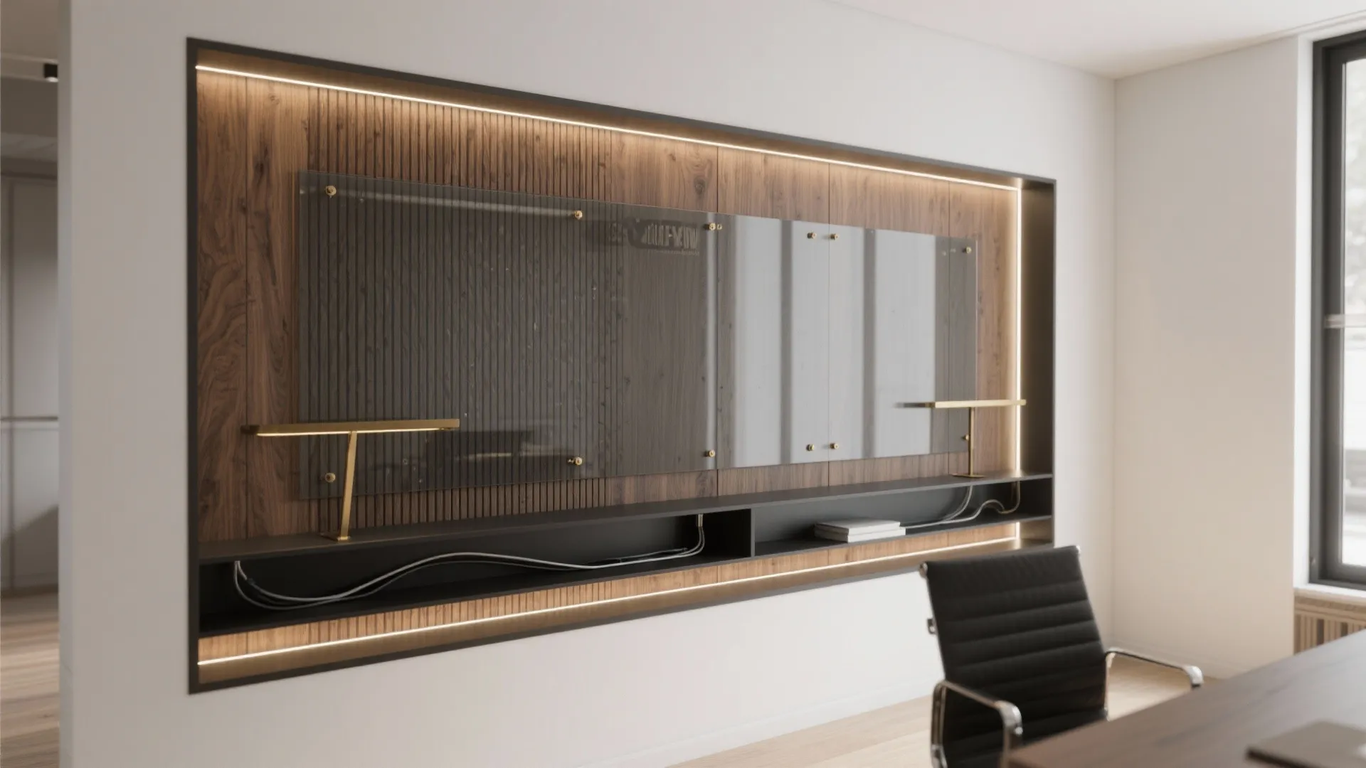 [Section: Idea 5] Mixed-Material Feature Wall: Wood + Glass + Metal