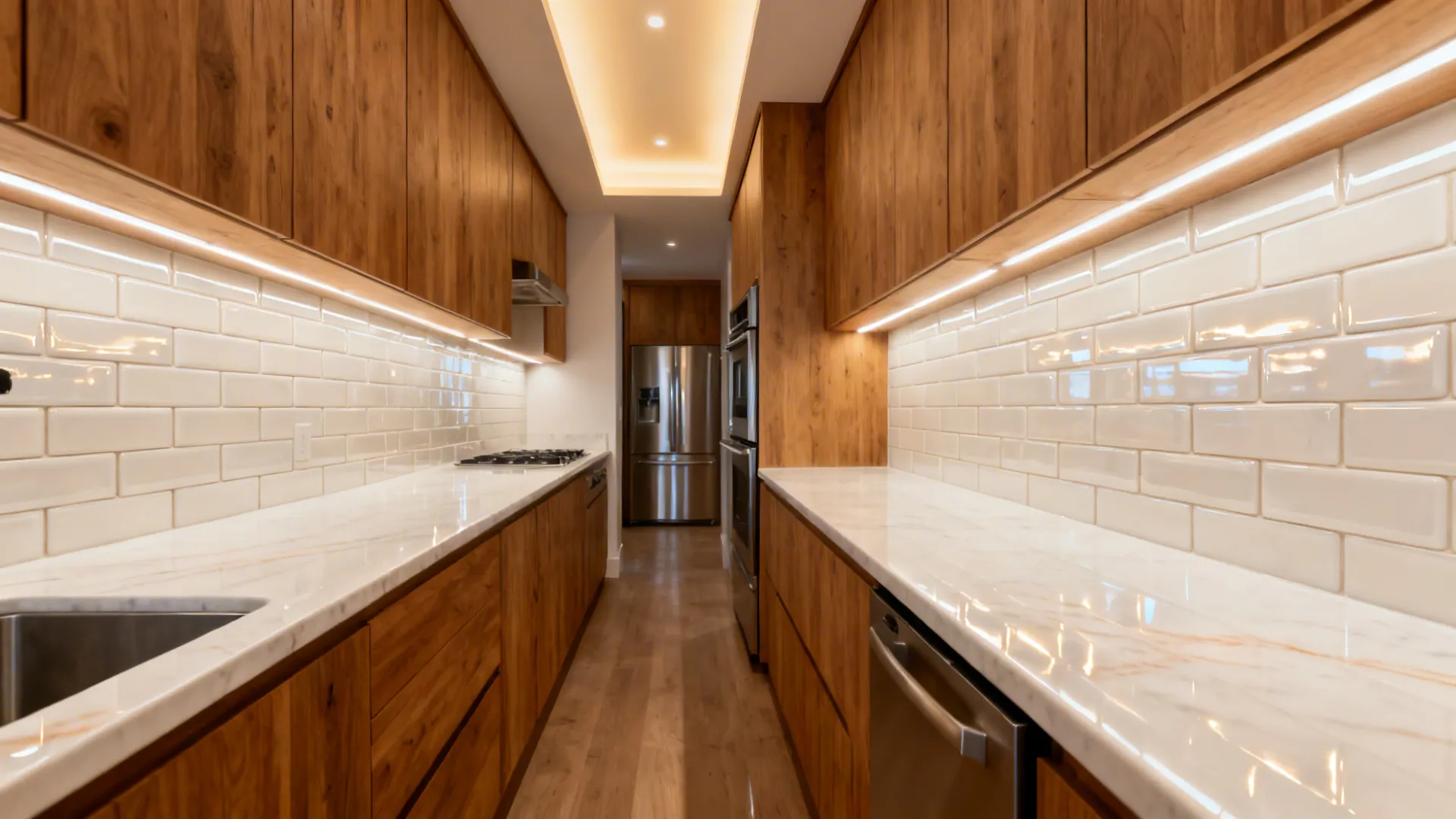 Medium oak galley kitchen with glossy off-white tiles and soft white quartz