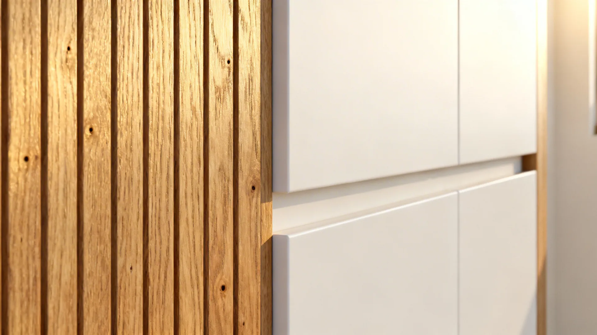 Macro of vertical rift-cut oak grain beside a matte white cabinet front.