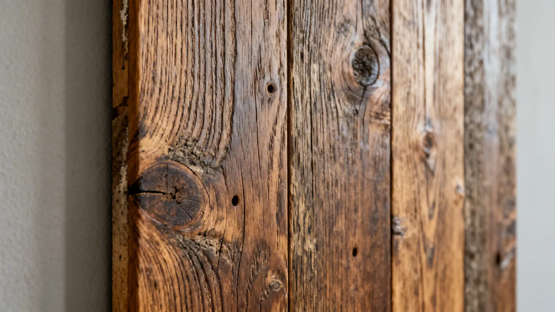 Macro view of matte-oiled reclaimed oak grain with knots and weathered texture.