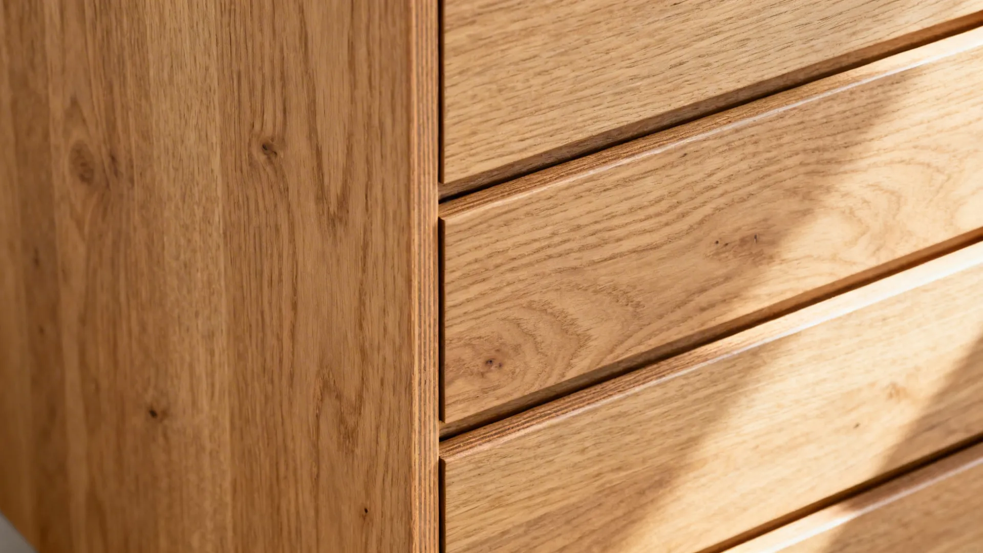Macro of oak veneer drawers with aligned grain and precise edge banding.