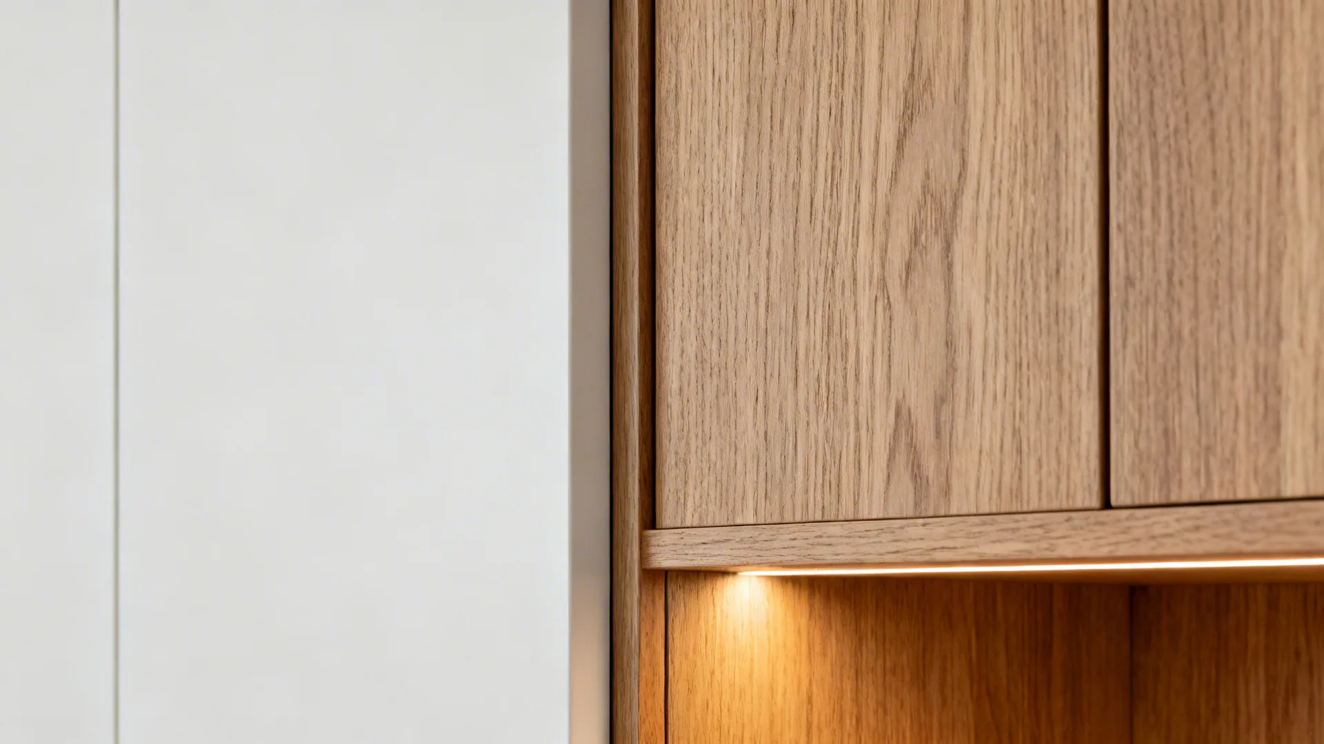 Macro of rift-sawn oak grain beside a painted cabinet showing refined joinery.