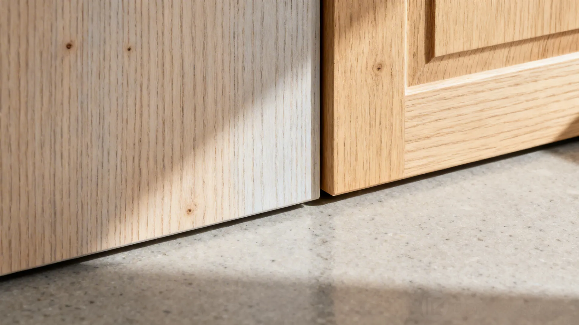 Macro of light oak door samples comparing vertical and horizontal grain on a pale quartz surface.