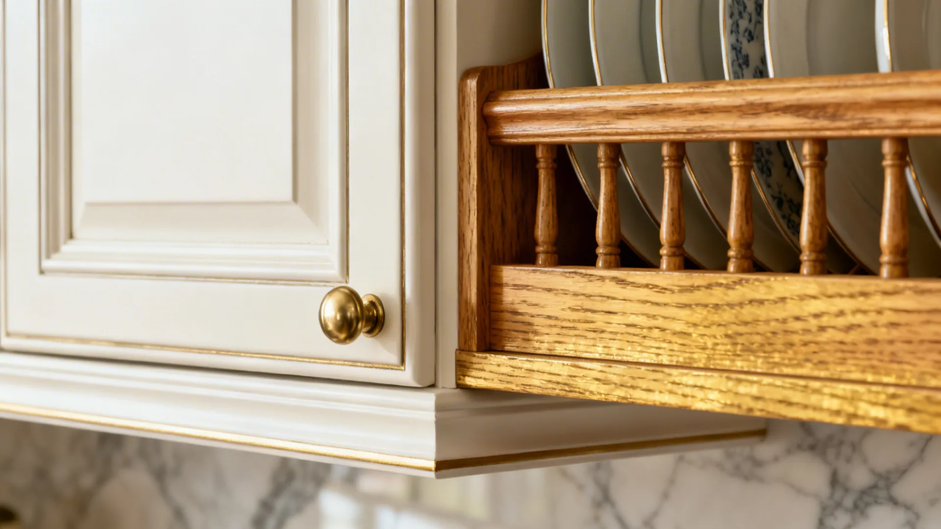 Macro of rift-cut oak plate rack grain next to off-white framed cabinet and brass knob.