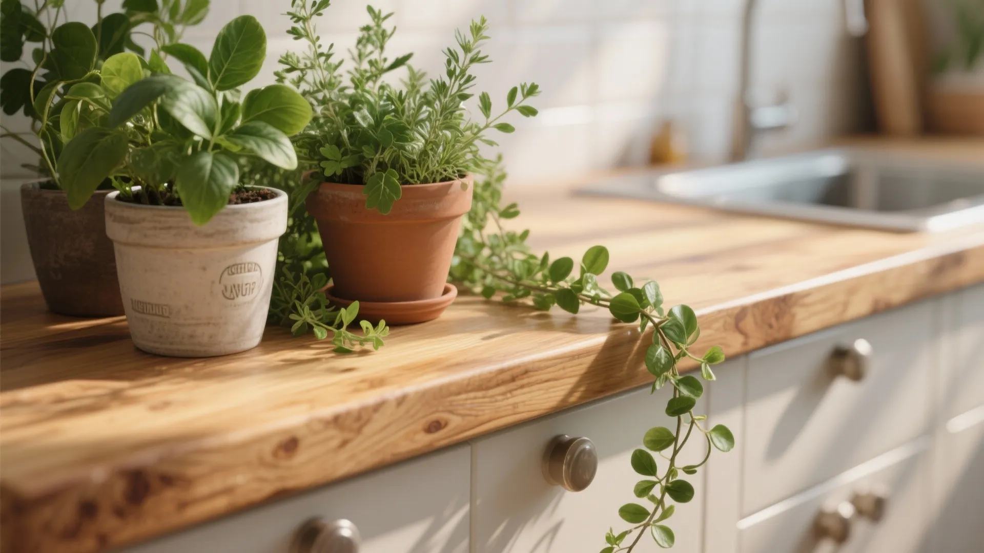 Small green plants in pots sitting on a wooden kitchen counter near a silver sink
