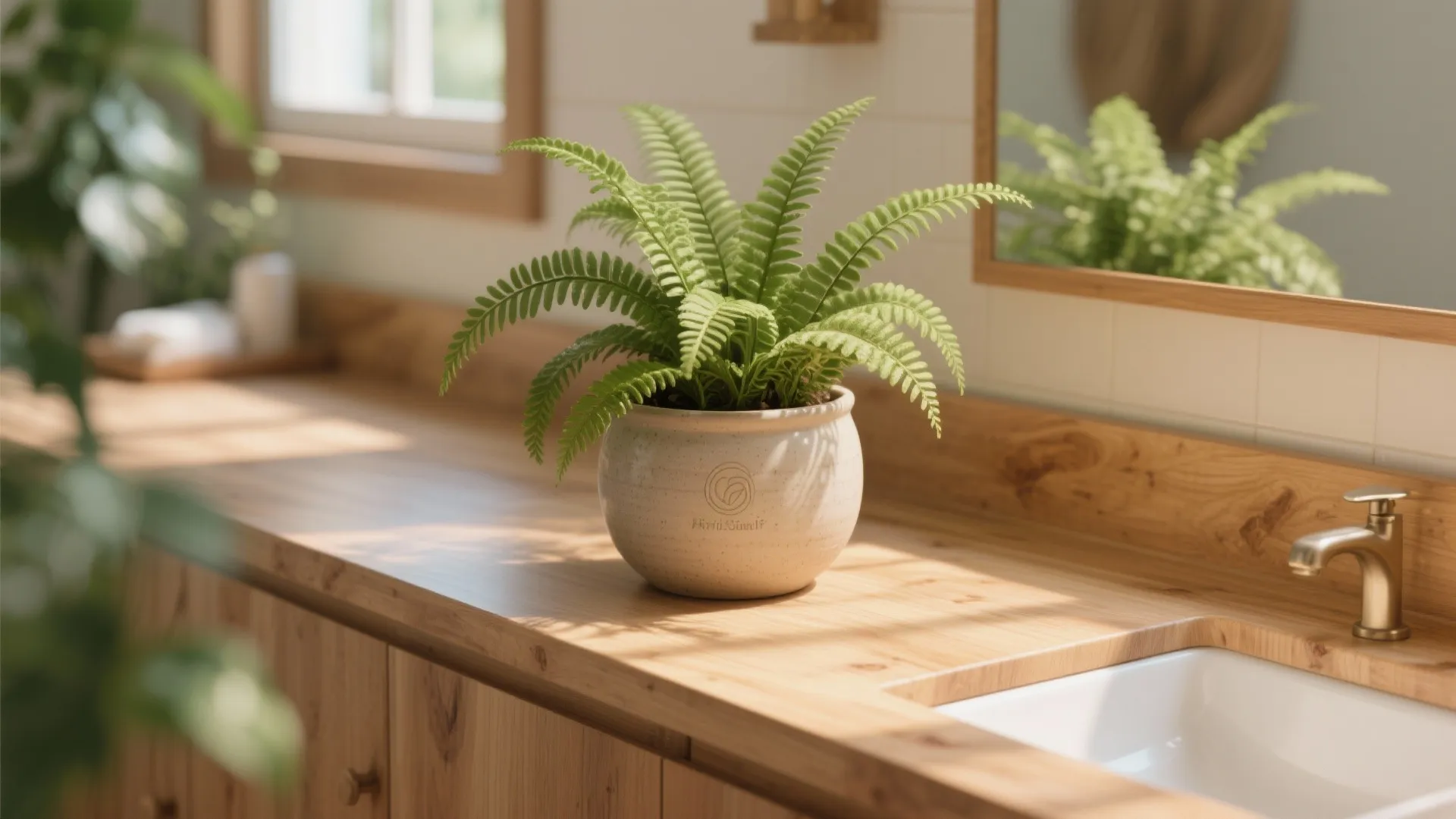 Small green fern plant in a ceramic pot sitting on a light wood bathroom top