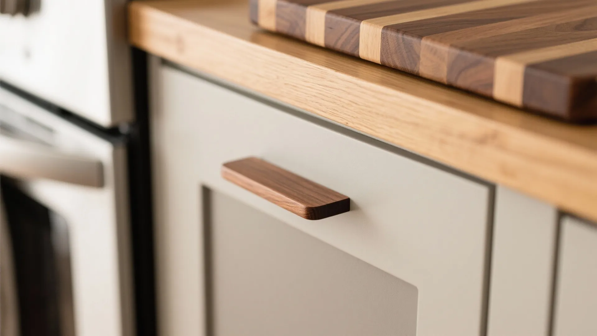 Close-up of a wooden cabinet handle on grey door with oak wood countertop and cutting board