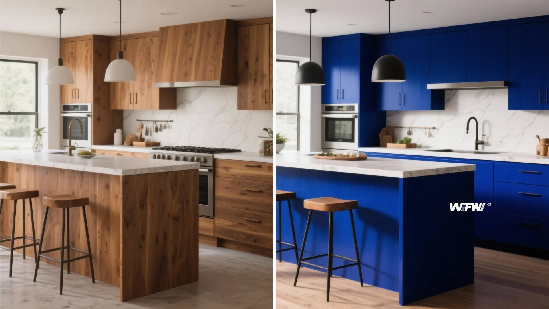 Comparison of wood kitchen island versus blue kitchen island with white marble countertop and stools