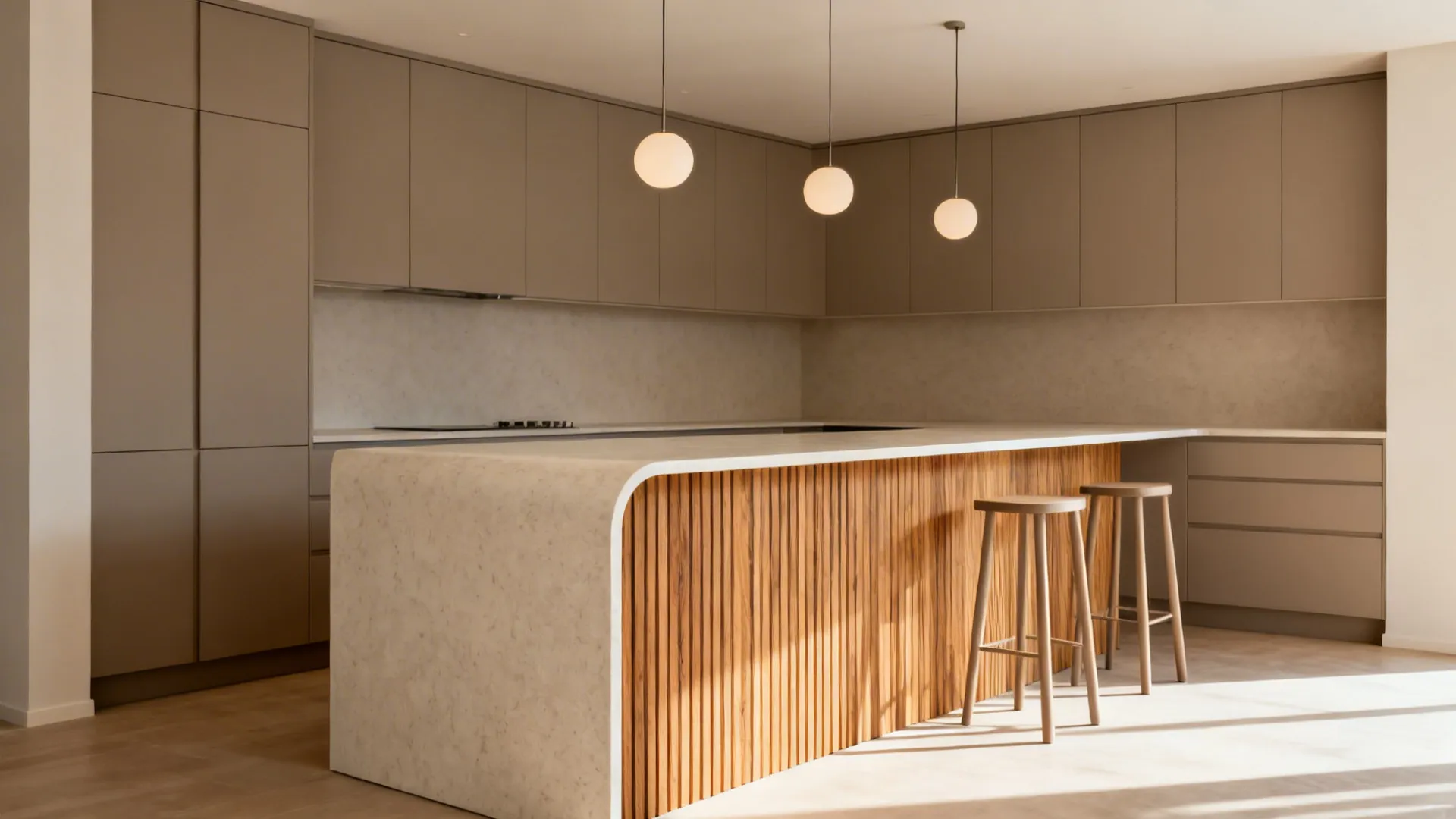 Corner kitchen with an oak-veneered island and matte perimeter cabinets for a warm contrast.
