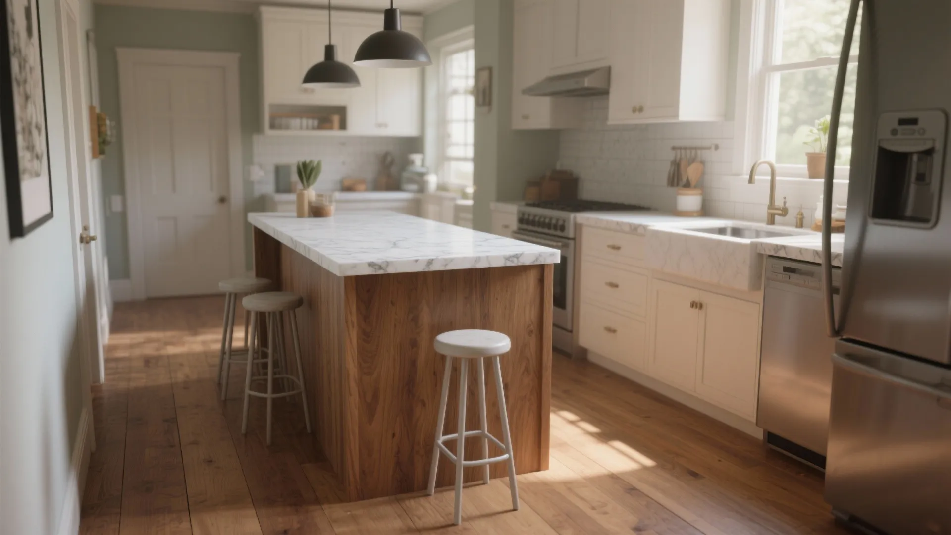 2. Wood Island Accent with White Marble Counter