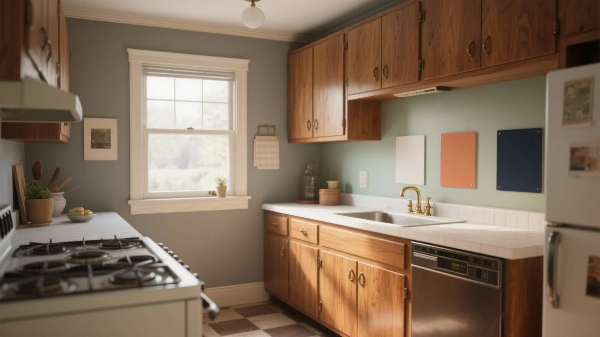 Vintage kitchen featuring oak cabinets white countertops window and colorful paint color samples on wall
