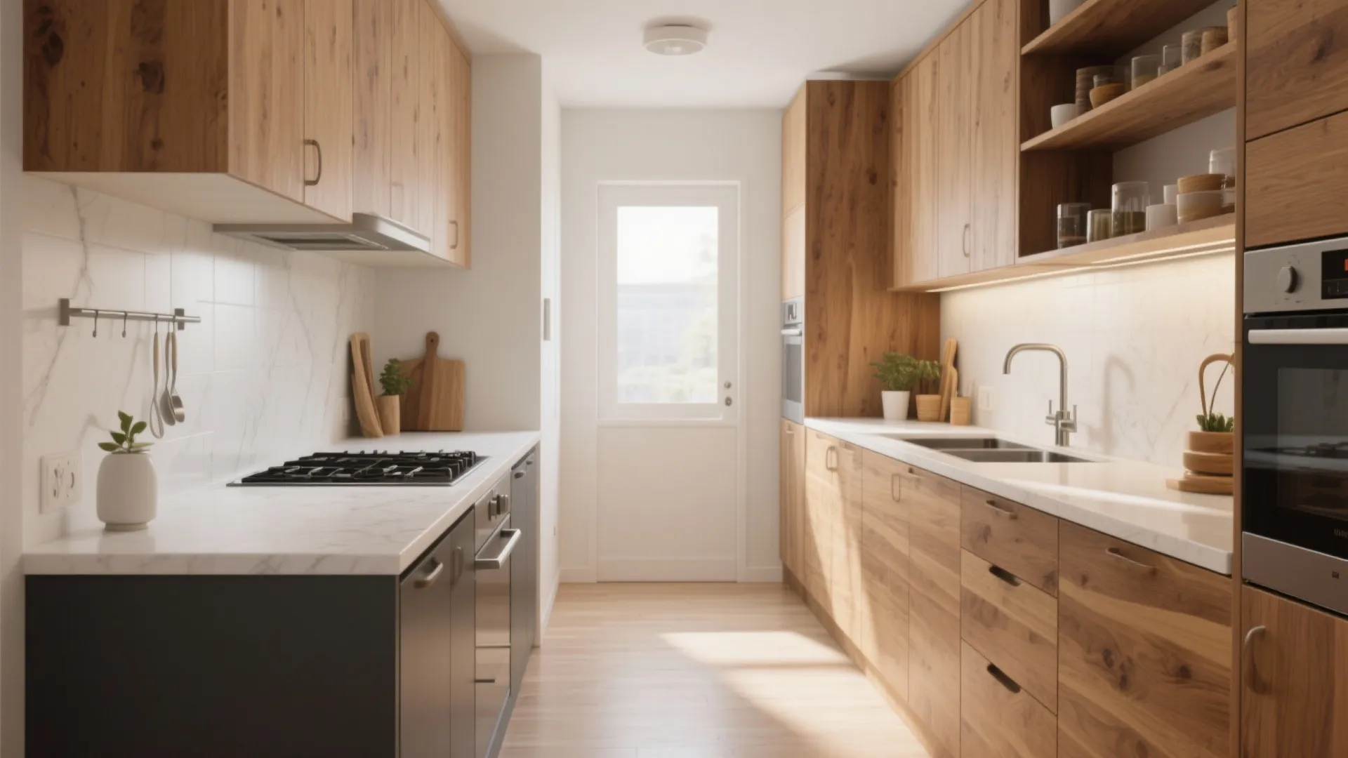 Narrow galley kitchen featuring wood cabinets marble countertops stainless steel sink and a white door