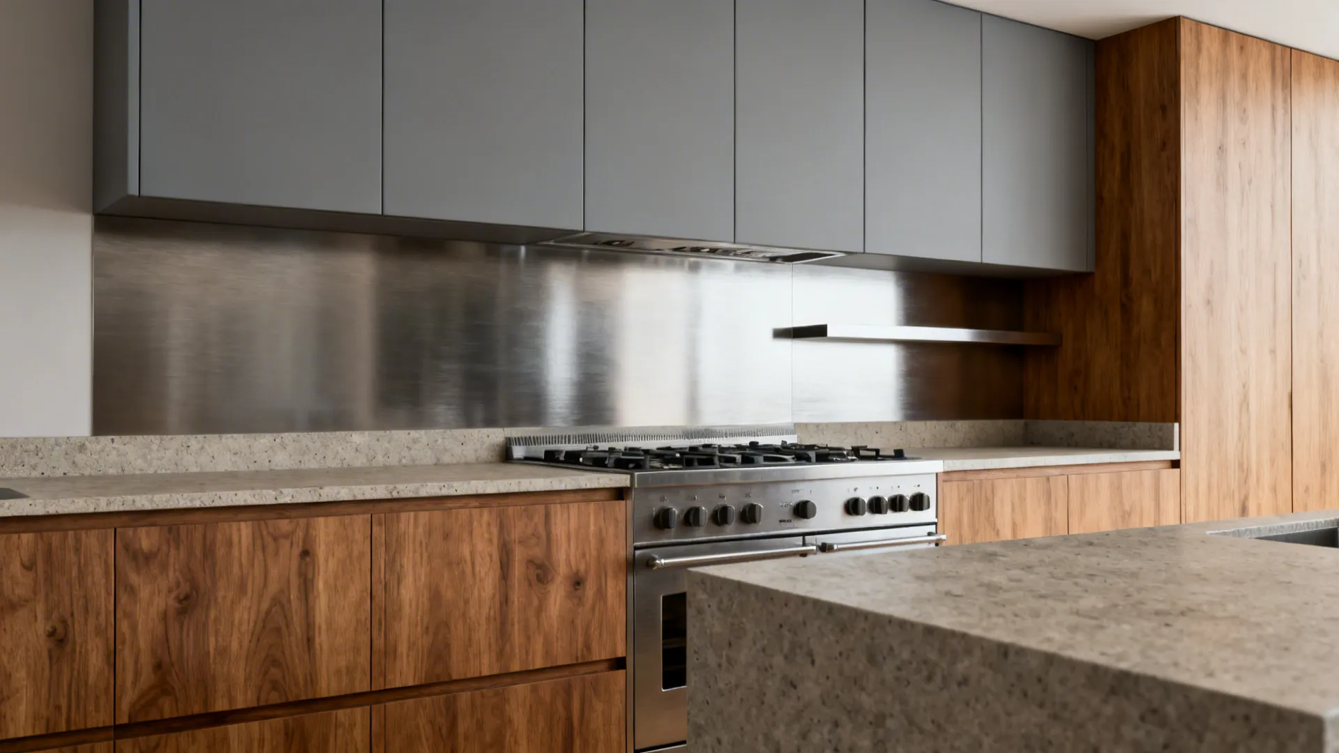 5) Material Mix: Oak, Matte Lacquer, and Brushed Metal