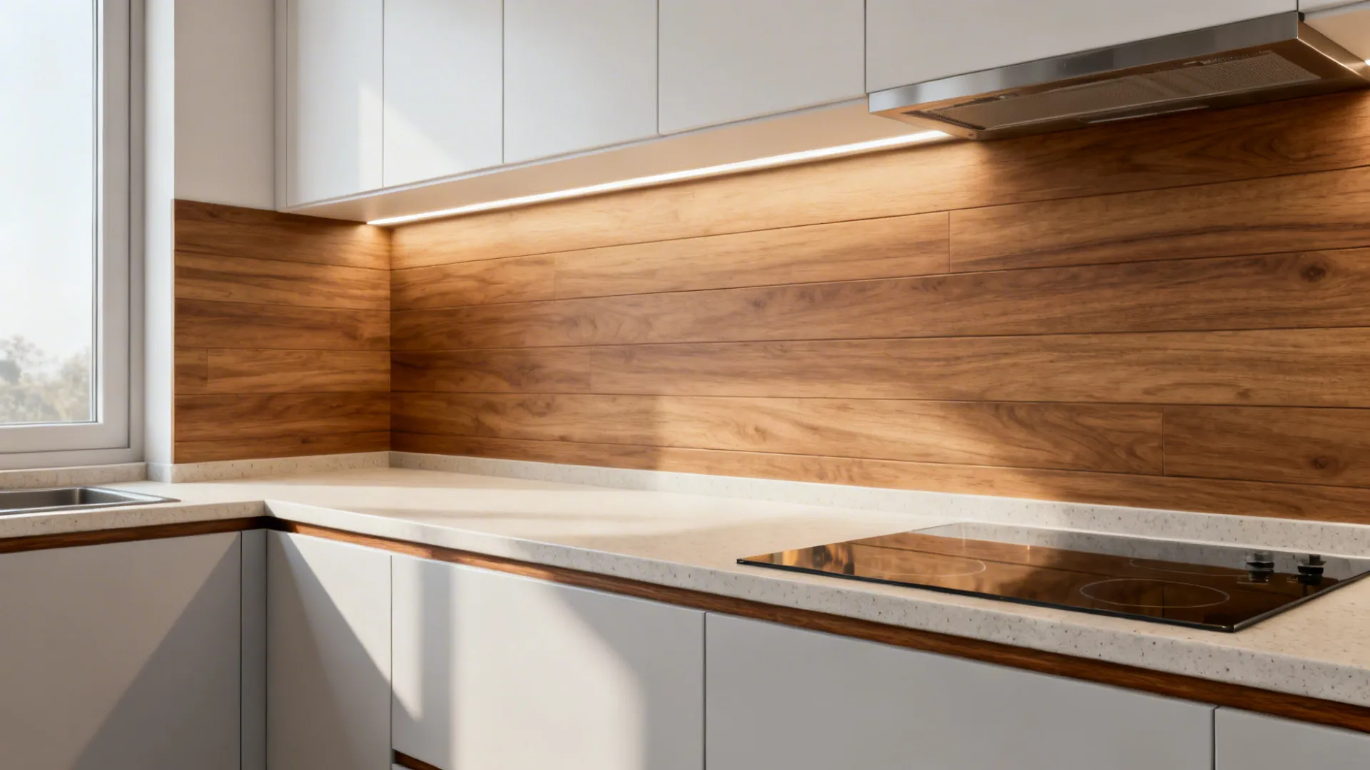 Matte oak-look laminate backsplash with horizontal grain in a compact modern kitchen.