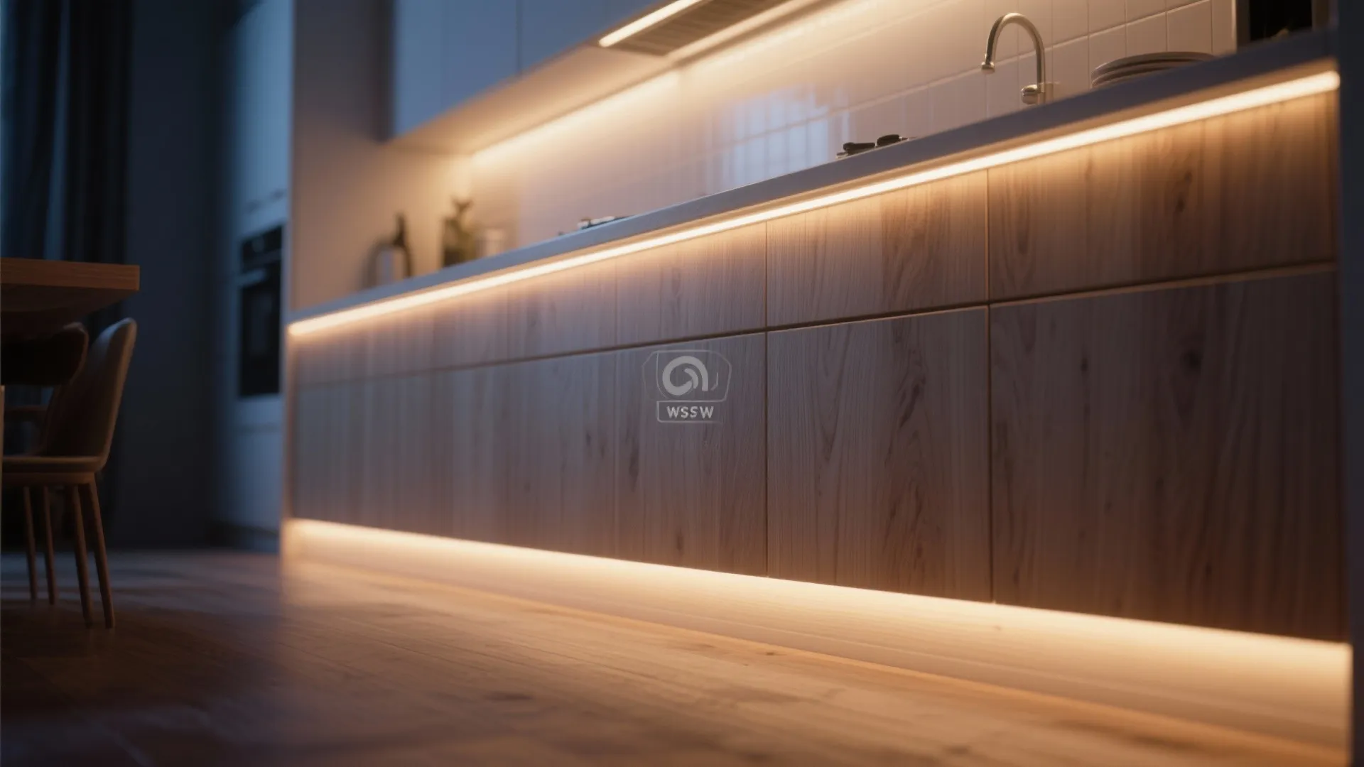 Warm yellow strip lights installed under kitchen cabinets and floor base to create cozy atmosphere