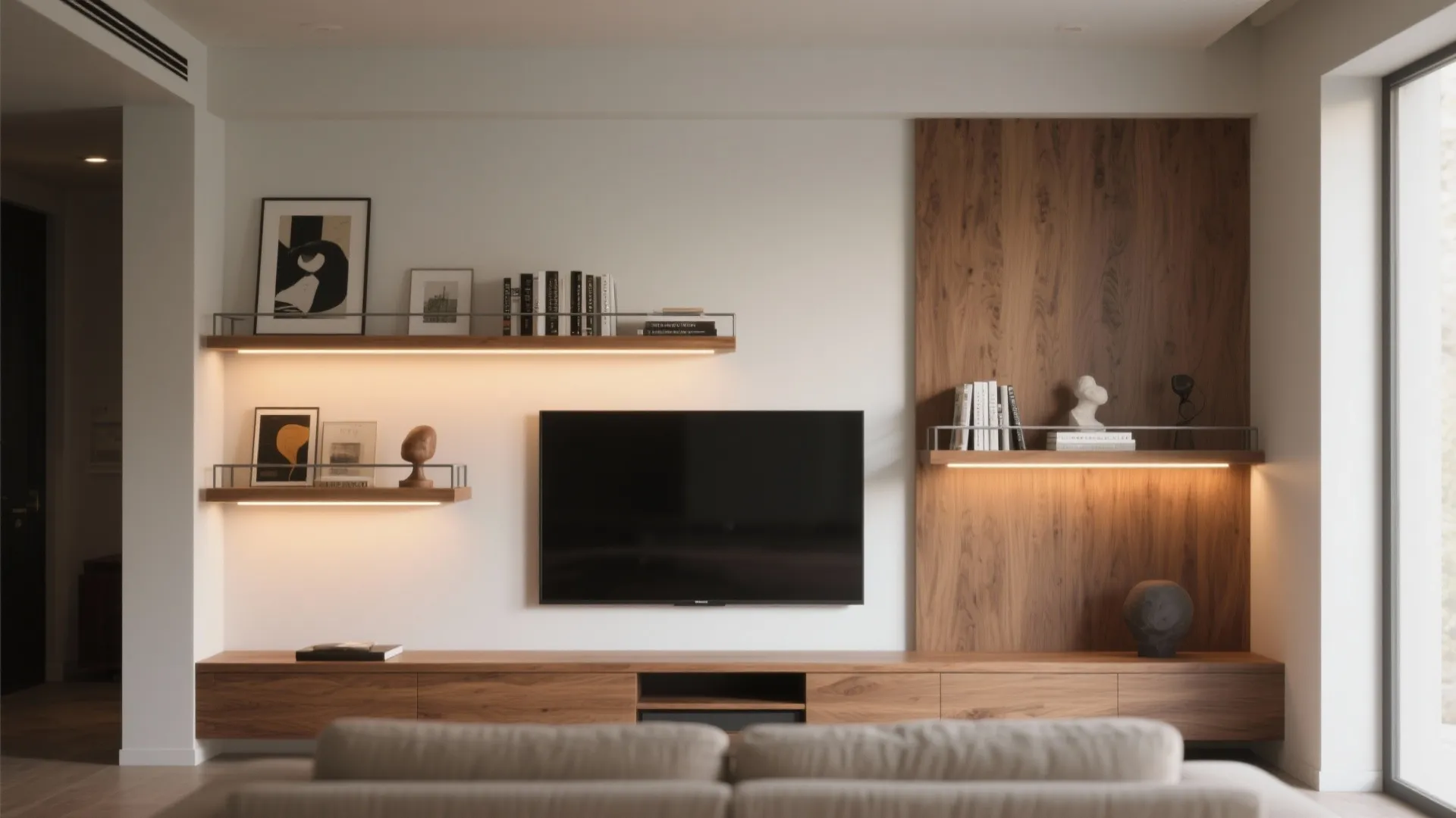 Modern living room with television and wooden wall shelves featuring built in warm light fixtures
