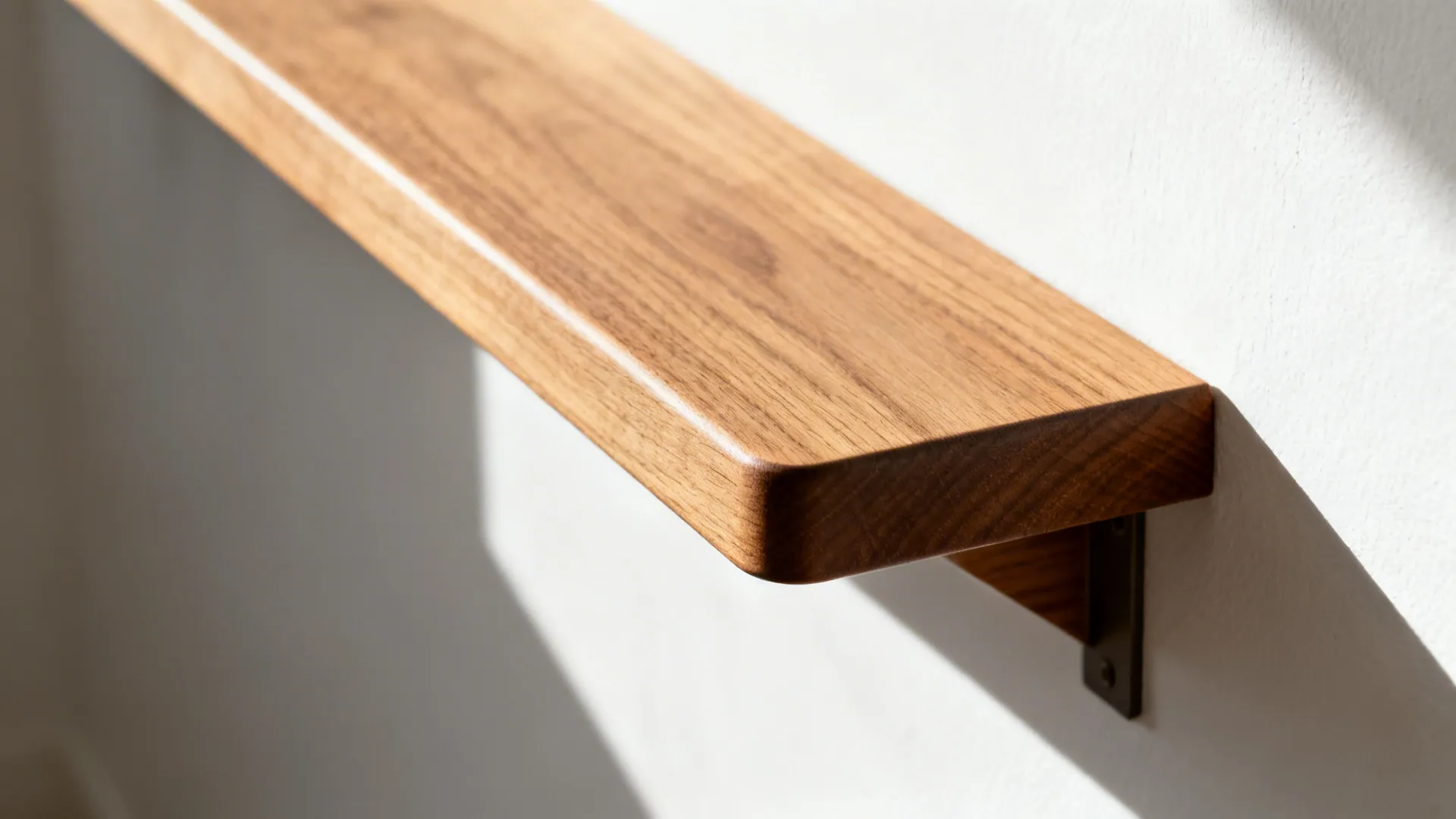 Close-up of a matte oak breakfast ledge with a clean edge and concealed bracket.