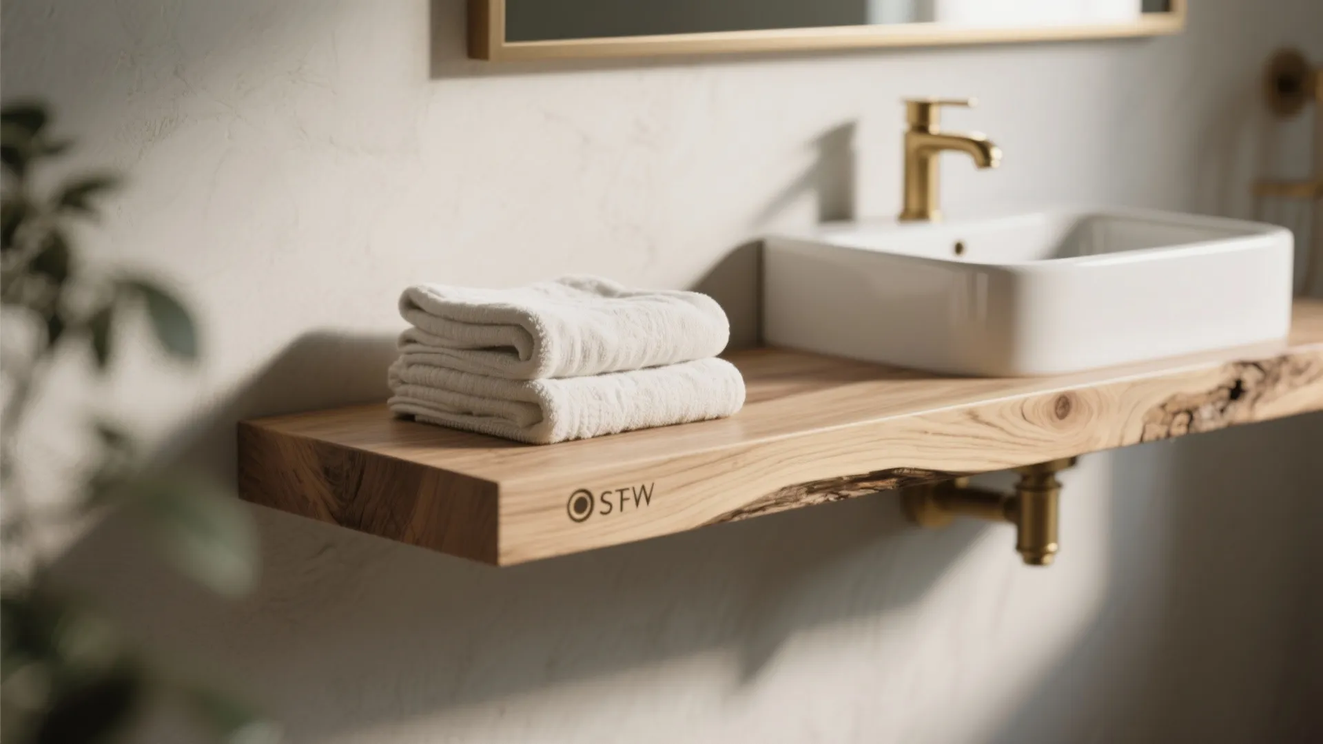 1. Floating white oak vanity with integrated shelf