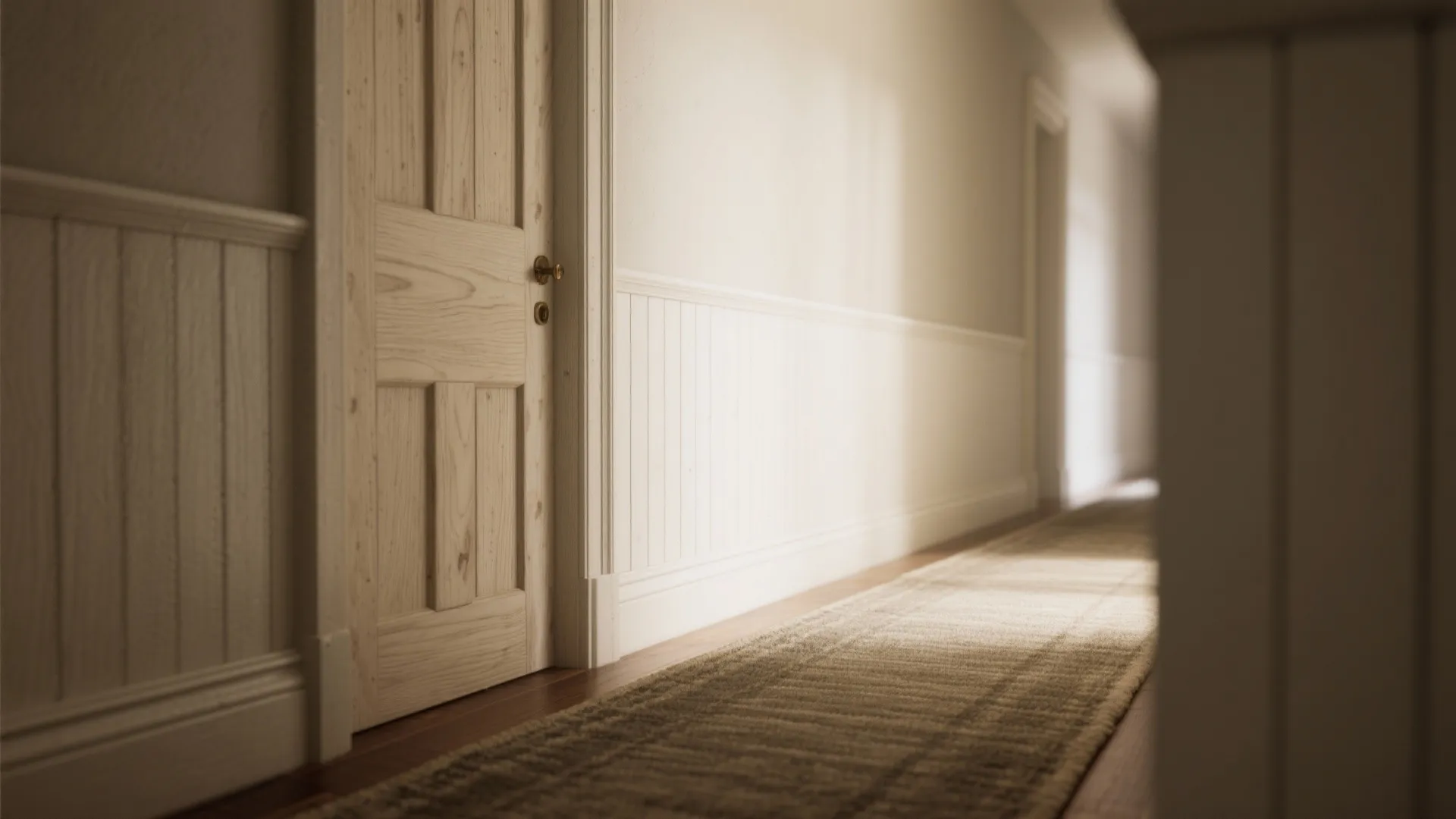 A bright hallway with a wooden door white wall panels and a long brown rug