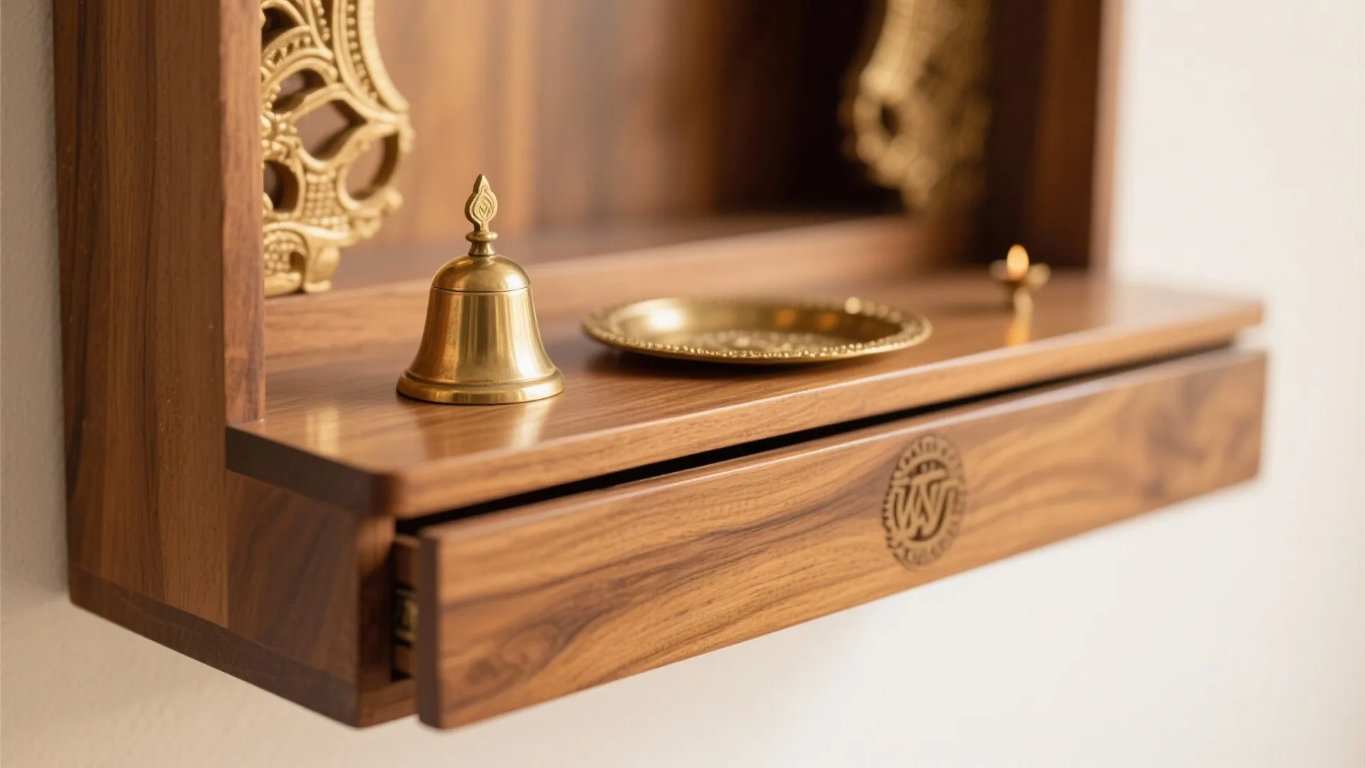 Close up of a small gold bell and plate on a wooden shelf with drawer
