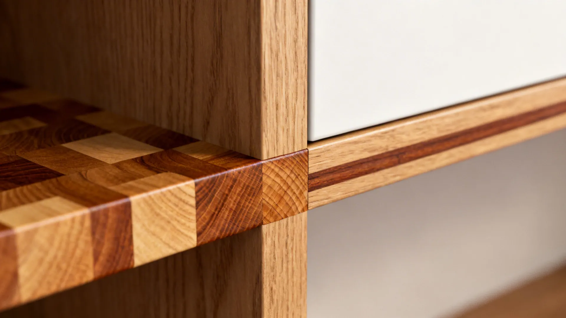 Macro texture of oak edge-banding and butcher-block finish beside a matte white panel.