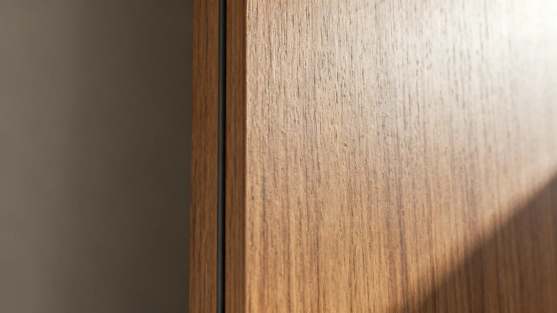 Macro of matte oak-look laminate with matching ABS edge banding and subtle grain.