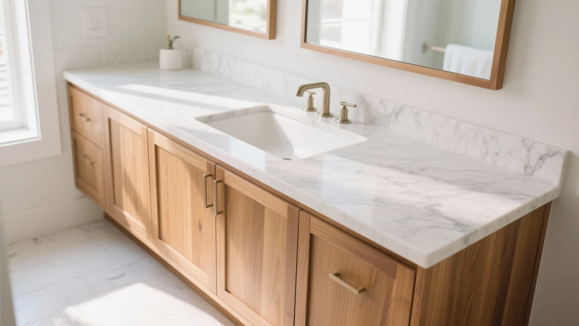 Modern bathroom vanity with light wood cabinets, white marble countertop, white sink, and gold faucet