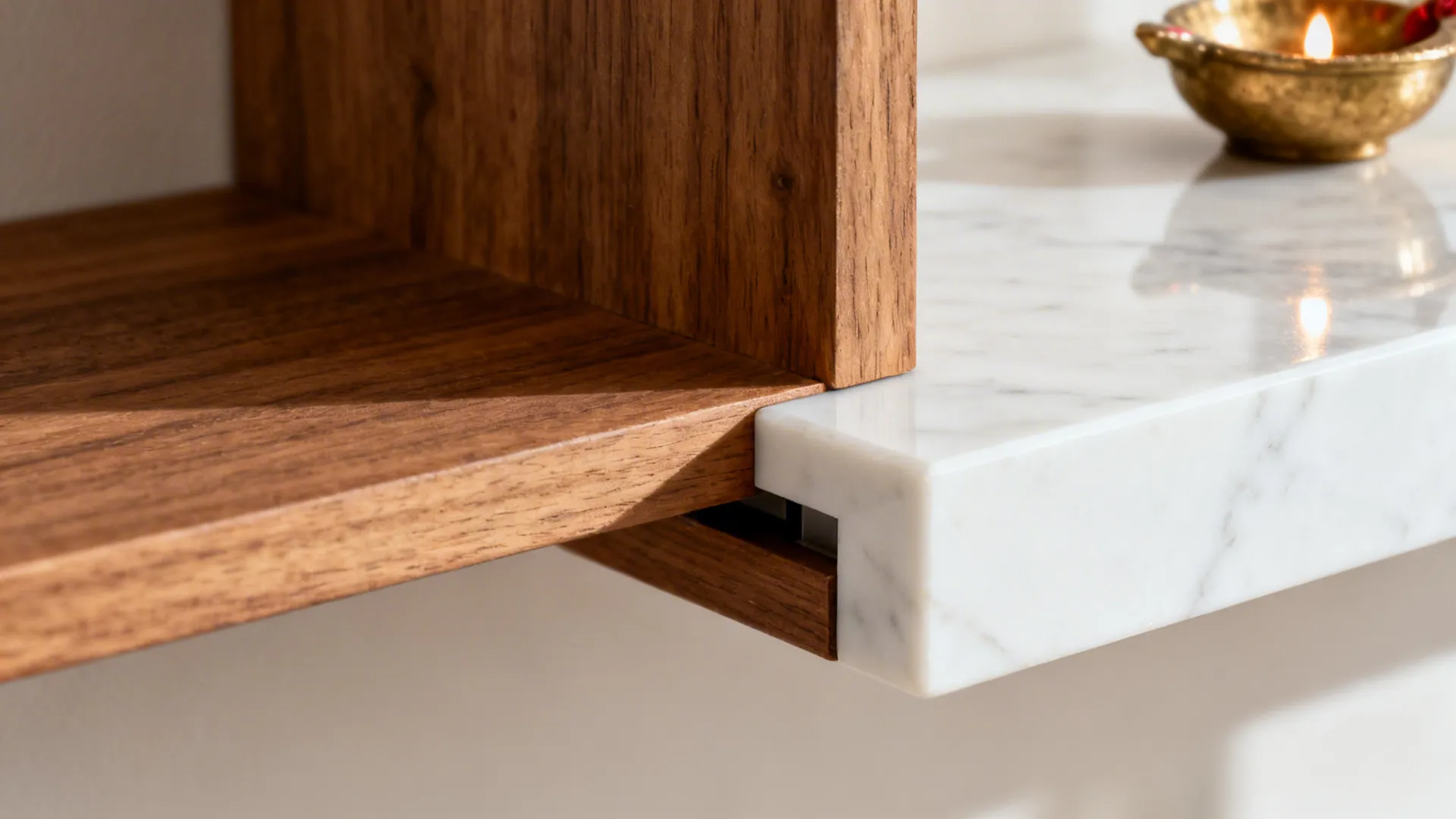 Macro of oak shelf edge and white marble inlay with brass accent.
