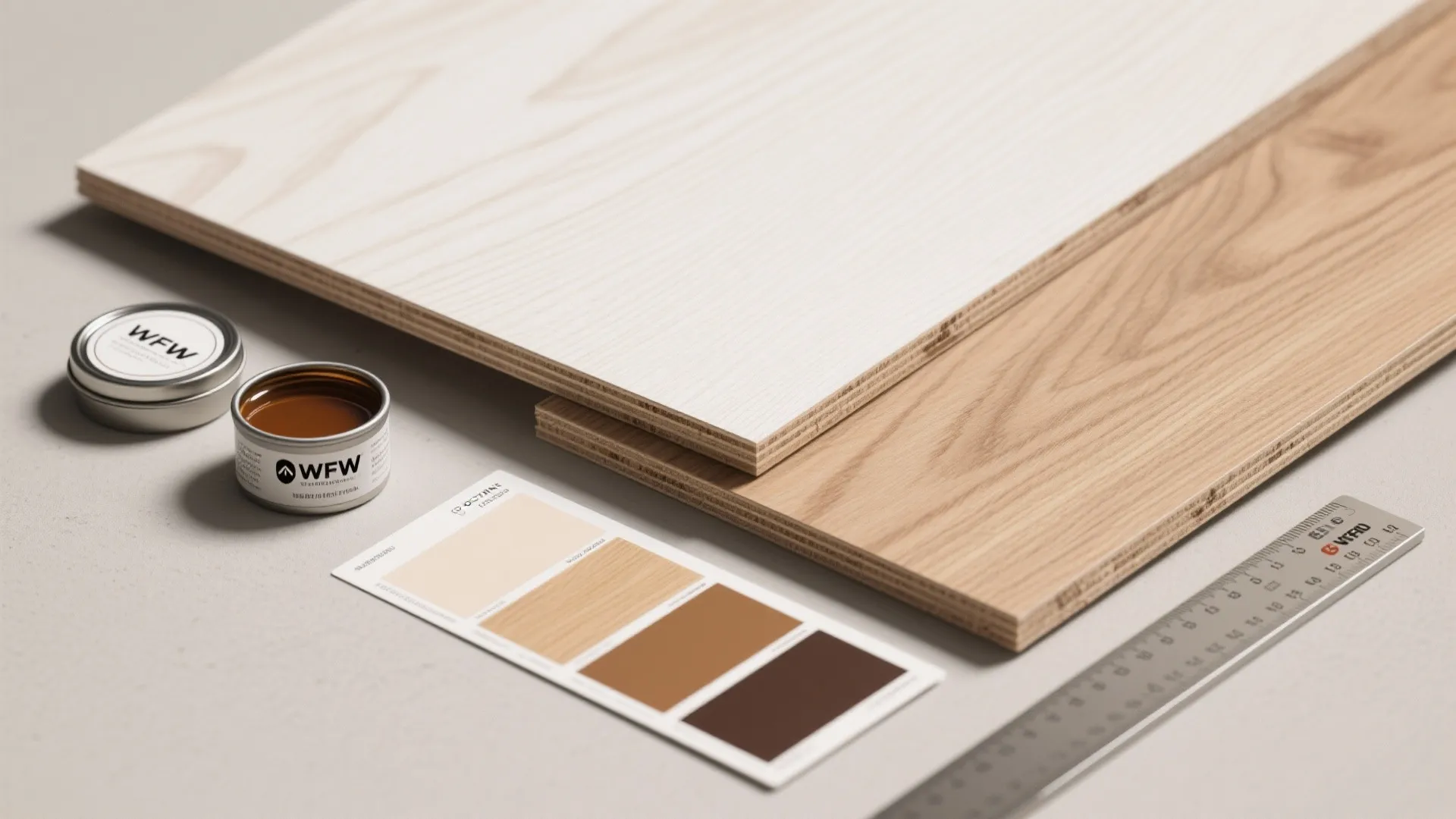 Interior design materials including light wood boards color swatches paint tins and a metal ruler tool