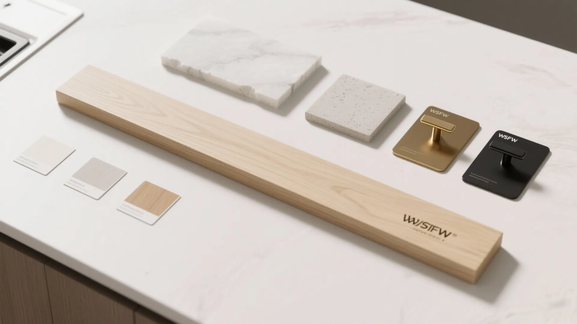 Interior design materials including wood plank marble samples stone tiles and metal door handles display