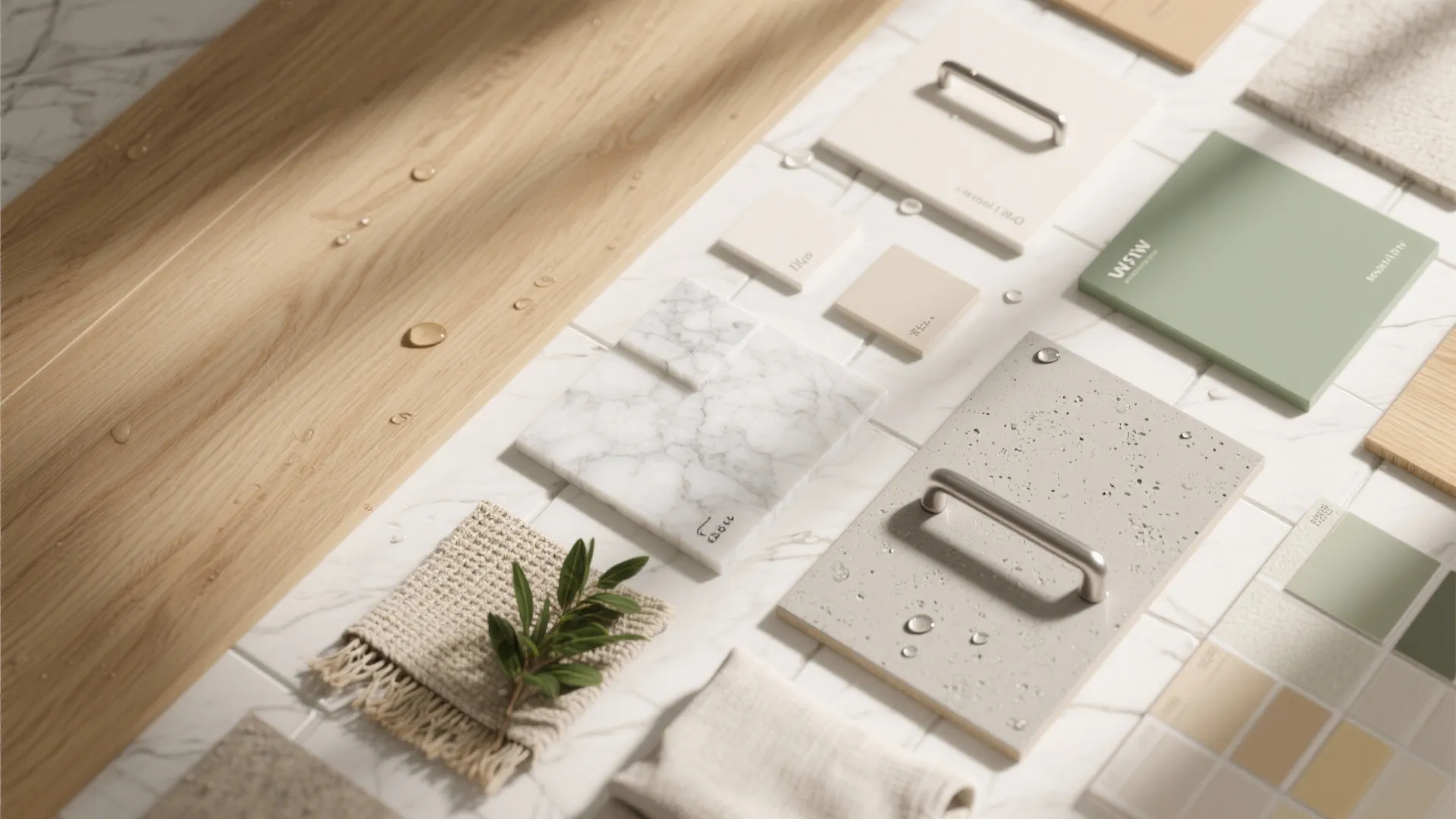 Interior design material board showing wood marble green tiles grey board handles and small fabric