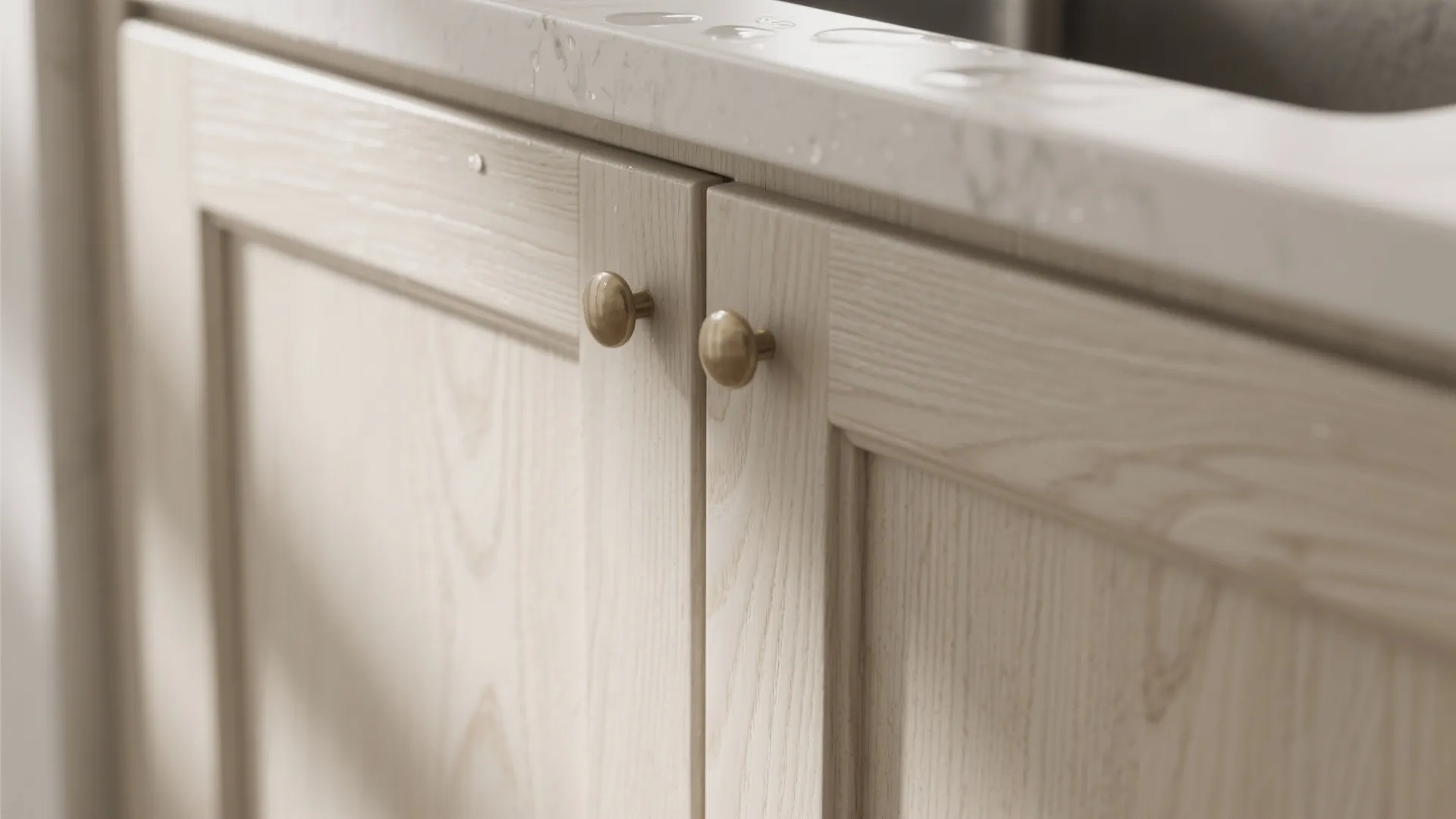 Close-up of light wood kitchen cabinet doors with round gold handles under a white countertop
