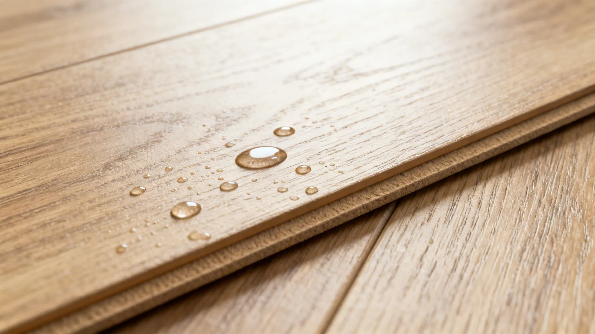 Macro of matte light oak vinyl plank showing subtle grain and water beading.