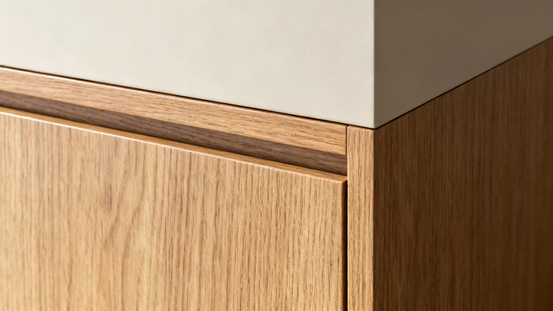 Macro of rift-cut oak grain meeting a matte light-painted cabinet front.